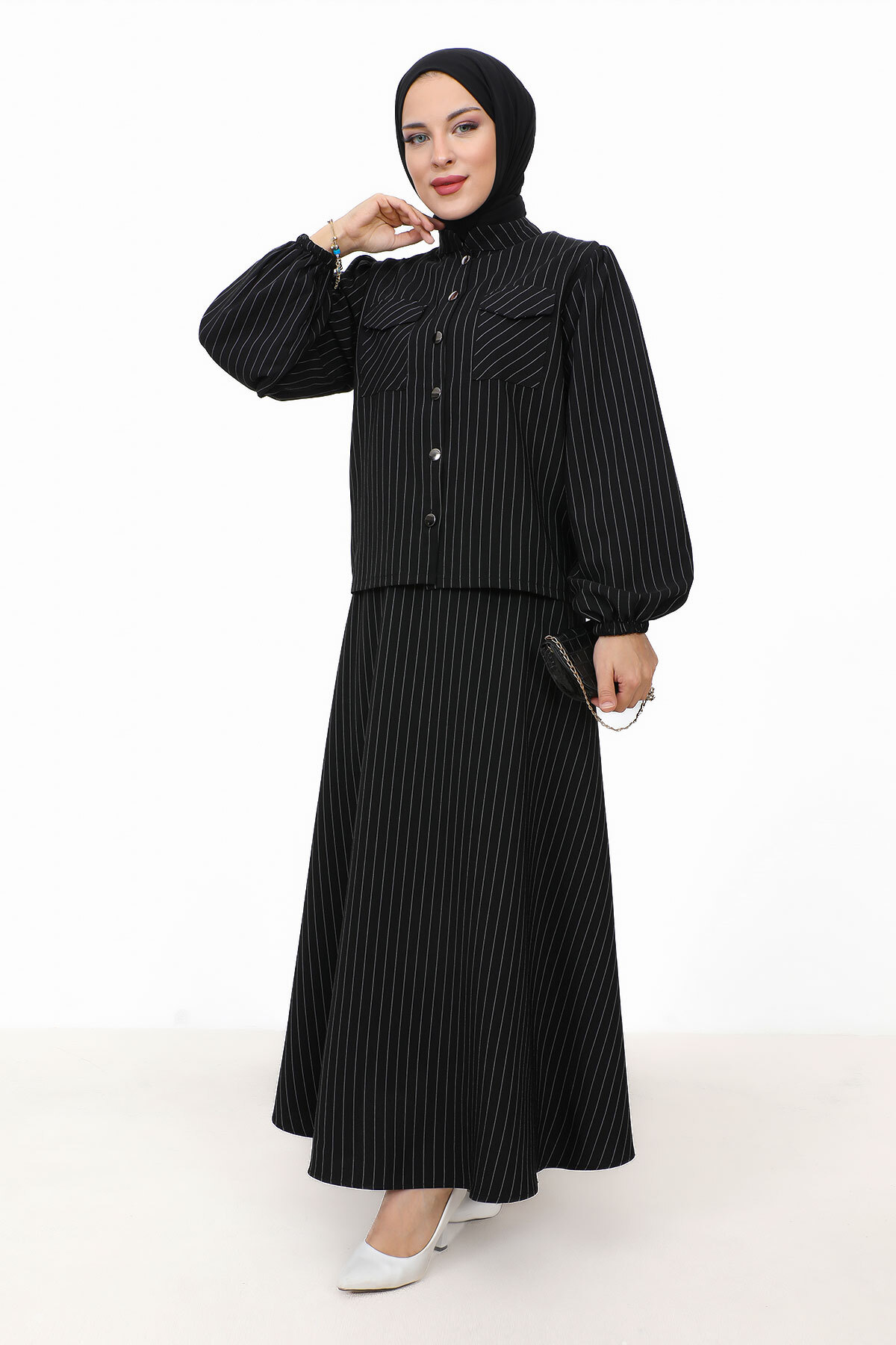 Tesettür Dünyası Hira Striped Skirt Suit TSD231203 Black