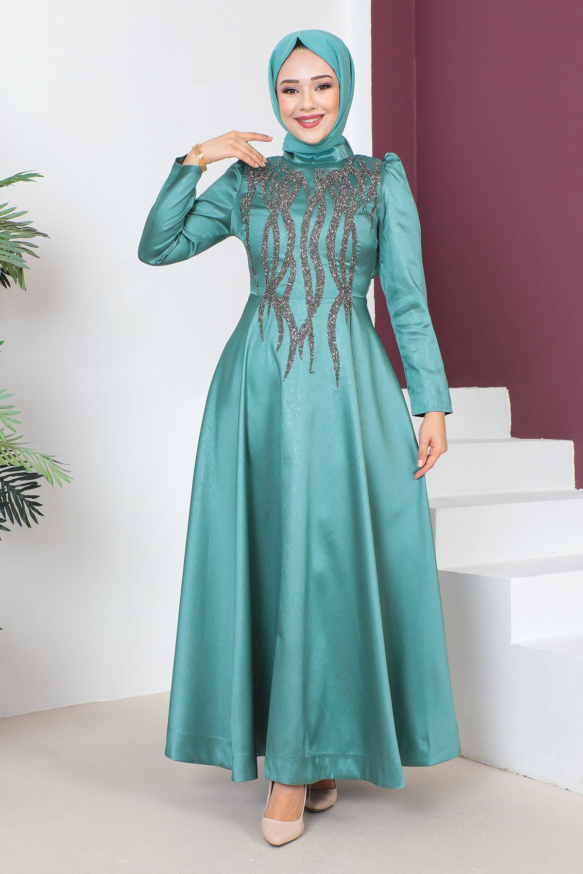 Tesettür Dünyası-Abendkleid mit Paillettendetail auf der Vorderseite TSD230634 Mintgrün 4