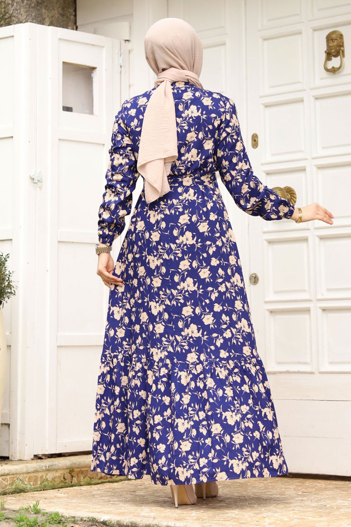 Tesettür Dünyası-Indigo TSD240251 - Φόρεμα με φλοράλ στάμπα με ζώνη μέσης και φλάντζα 5