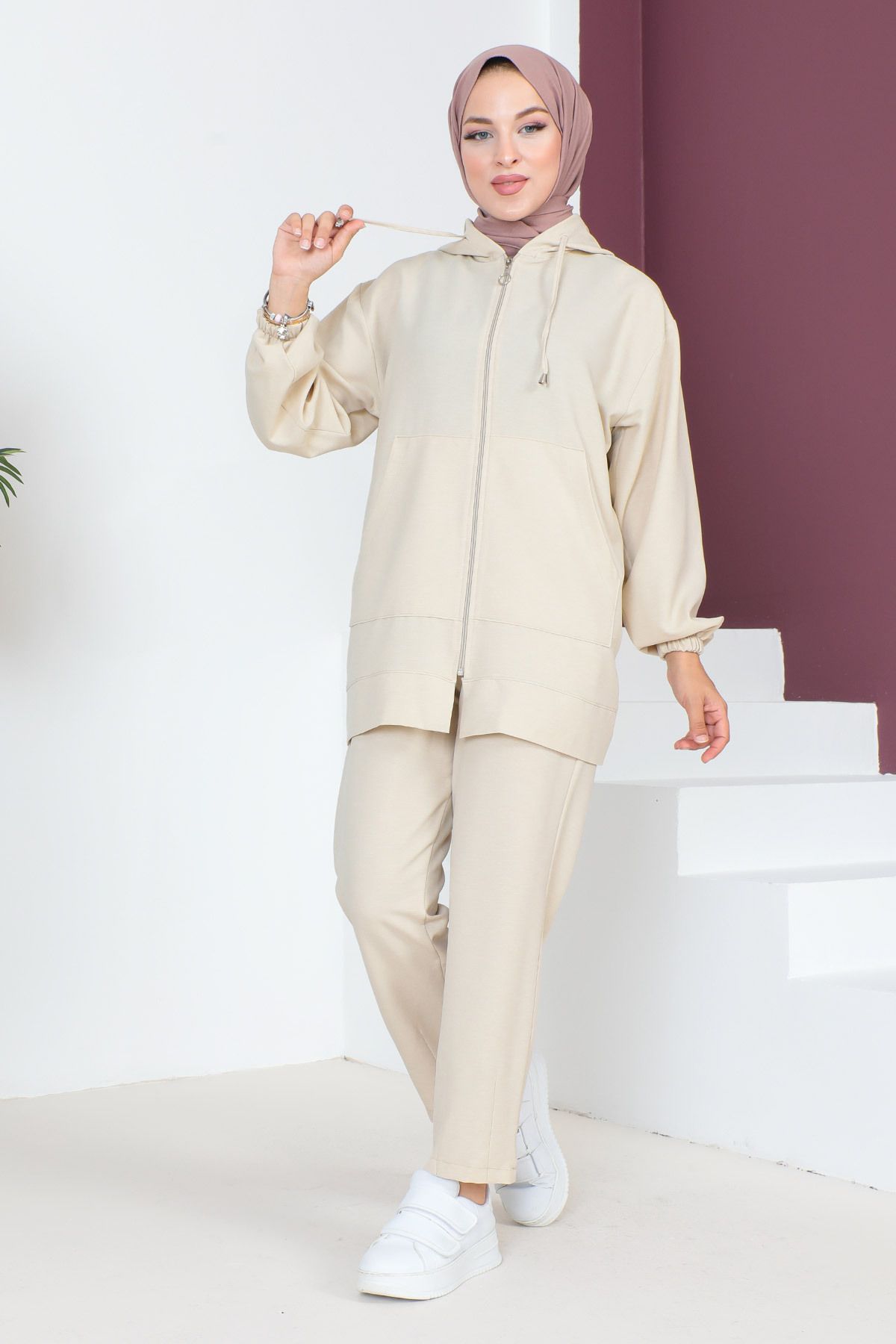 Tesettür Dünyası-Hooded Double Suit TSD230703 Beige 3
