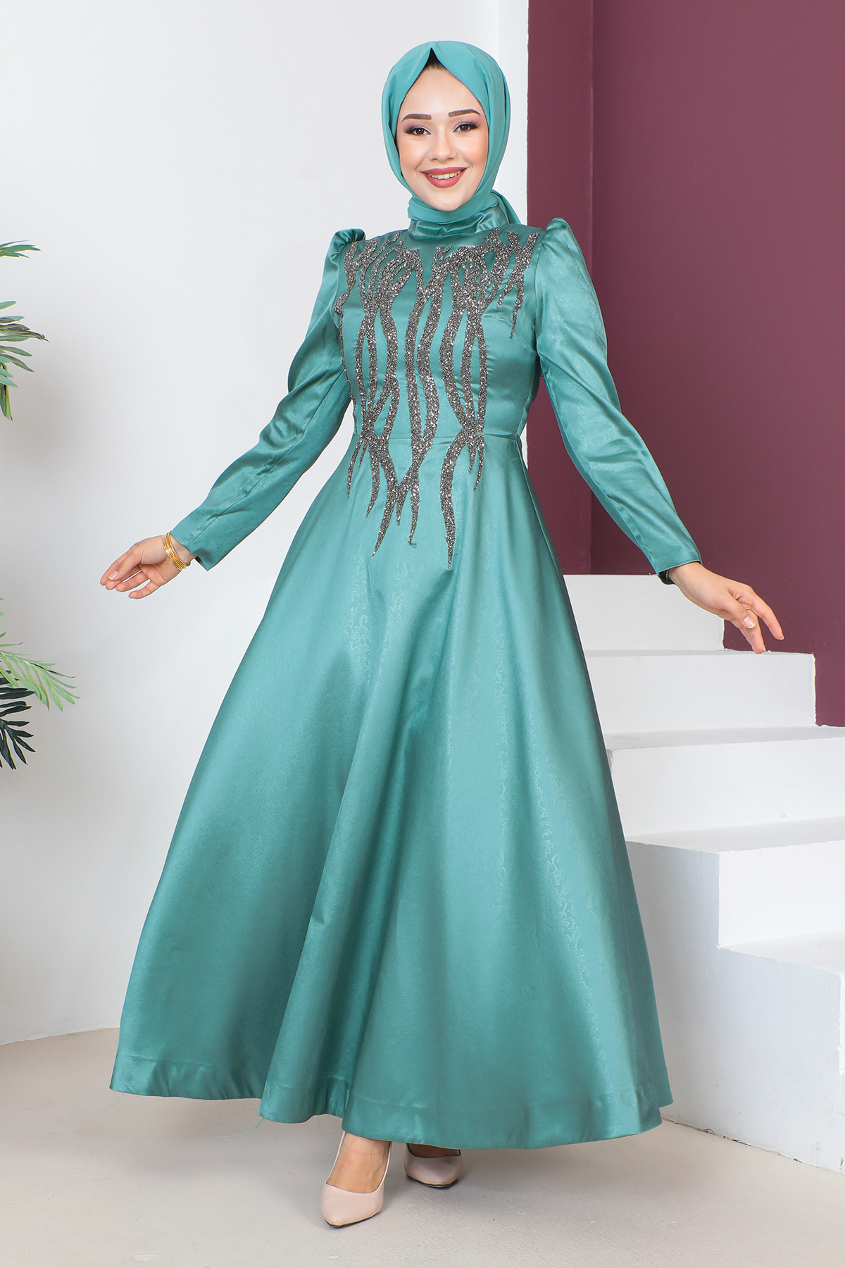 Tesettür Dünyası-Abendkleid mit Paillettendetail auf der Vorderseite TSD230634 Mintgrün 3