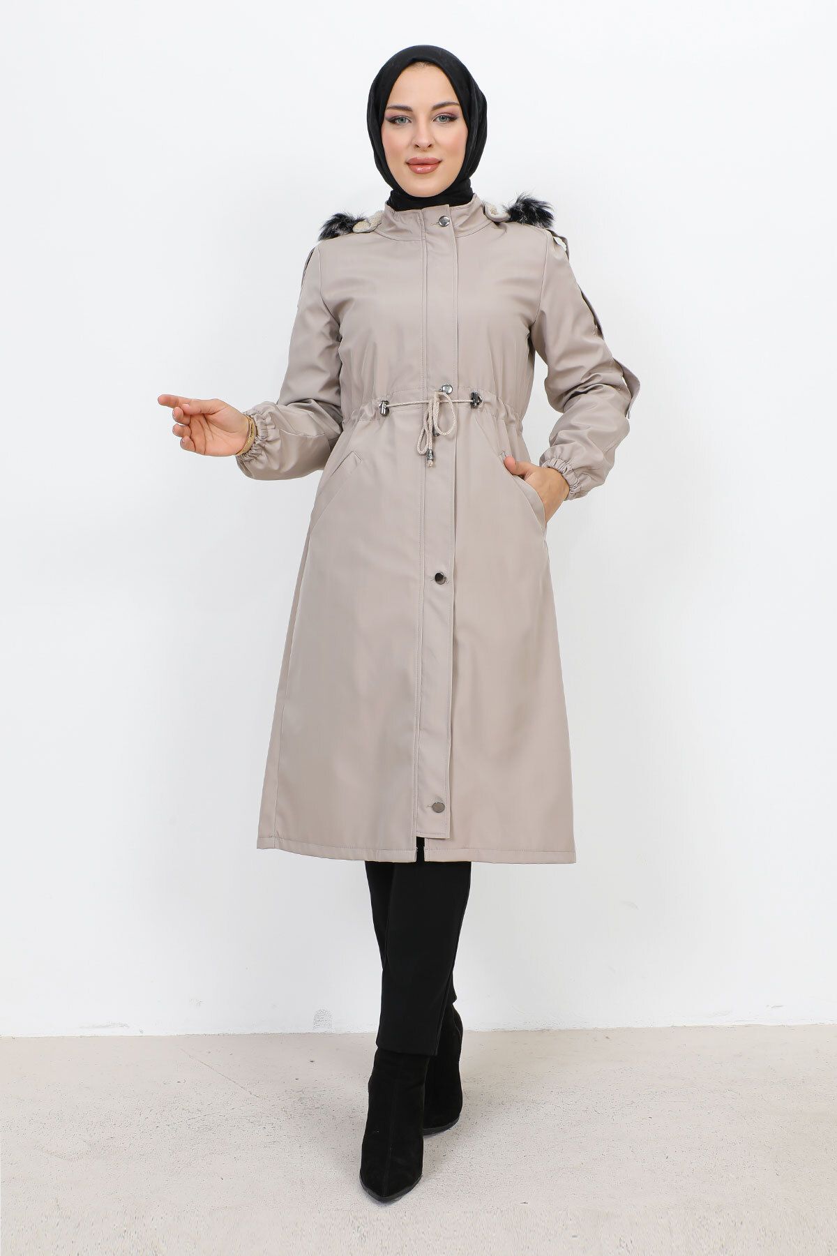 Tesettür Dünyası-Medium Length Bondit Coat with Plush Lining TSD231114 Beige 1