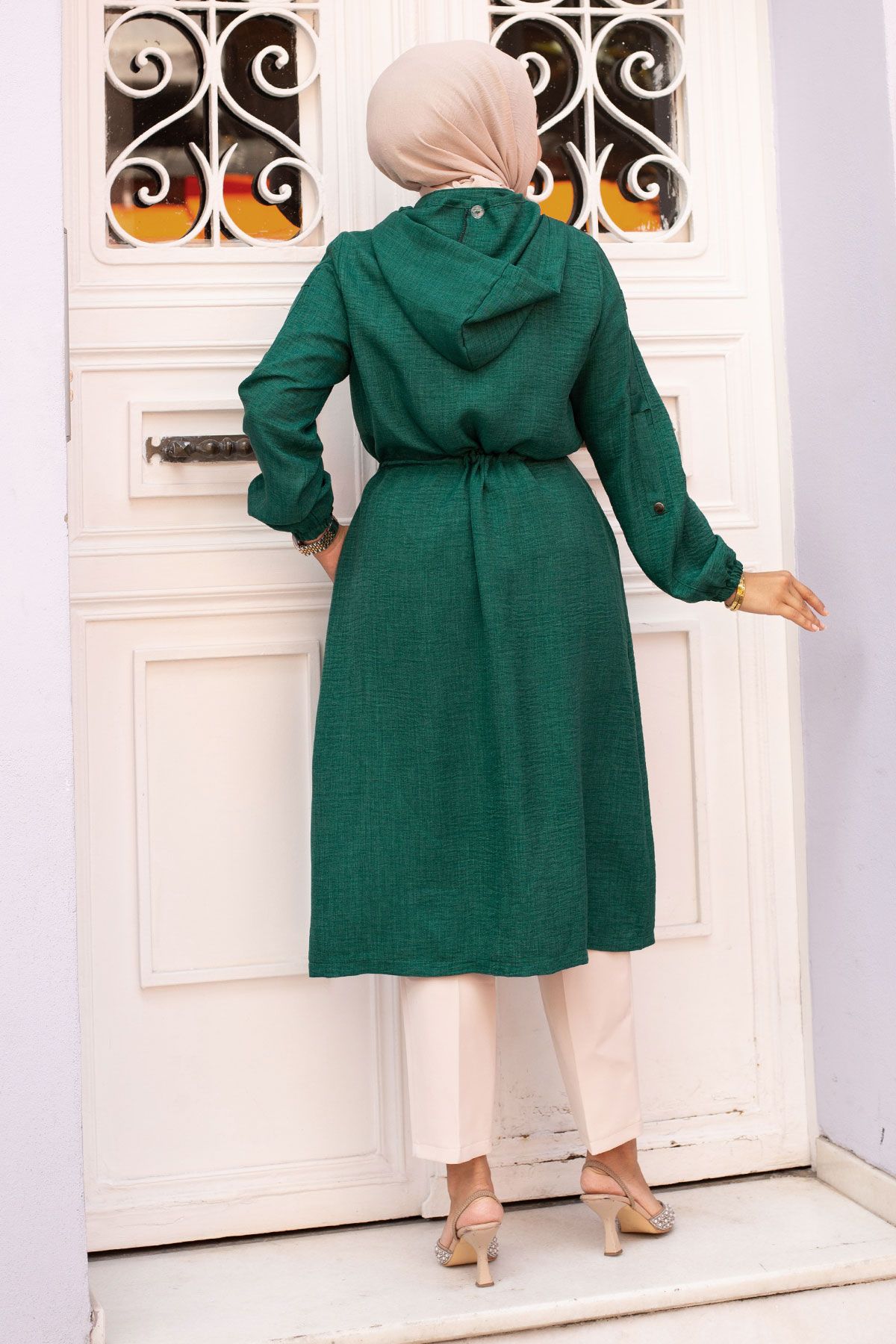 Tesettür Dünyası-Emerald Green Hooded and Rope Drawstring Cap - TSD240701 5