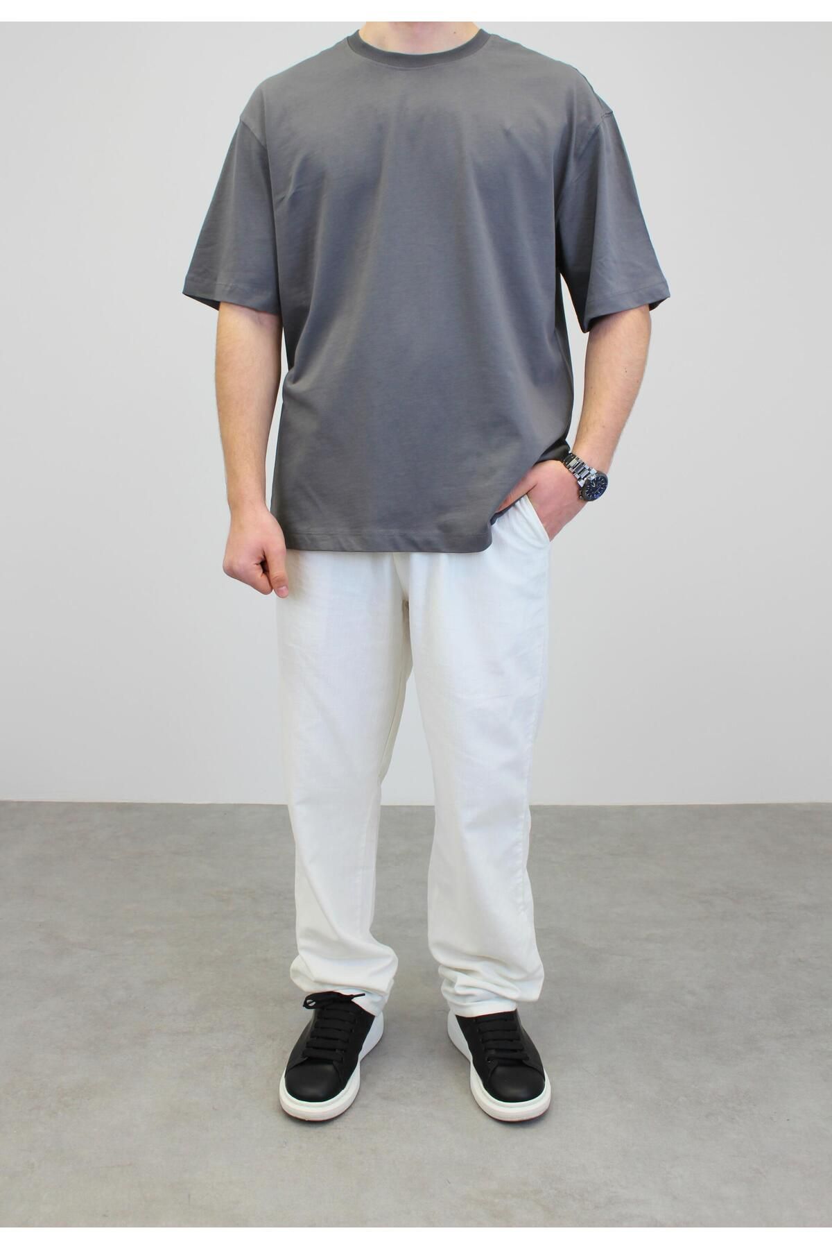 RIESGO OVERSIZE BİSİKLET YAKA T-SHIRT FÜME