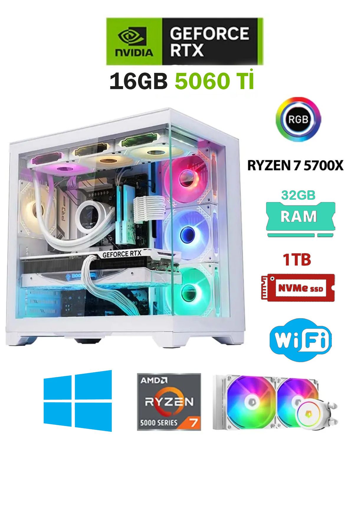 Dmc N320 (PUBG,GTA 5 ) Ryzen 7 5700X,32GB,1TB M.2,RTX5060Ti 16GB,Sıvı Soğutmalı Oyuncu Bilgisayarı