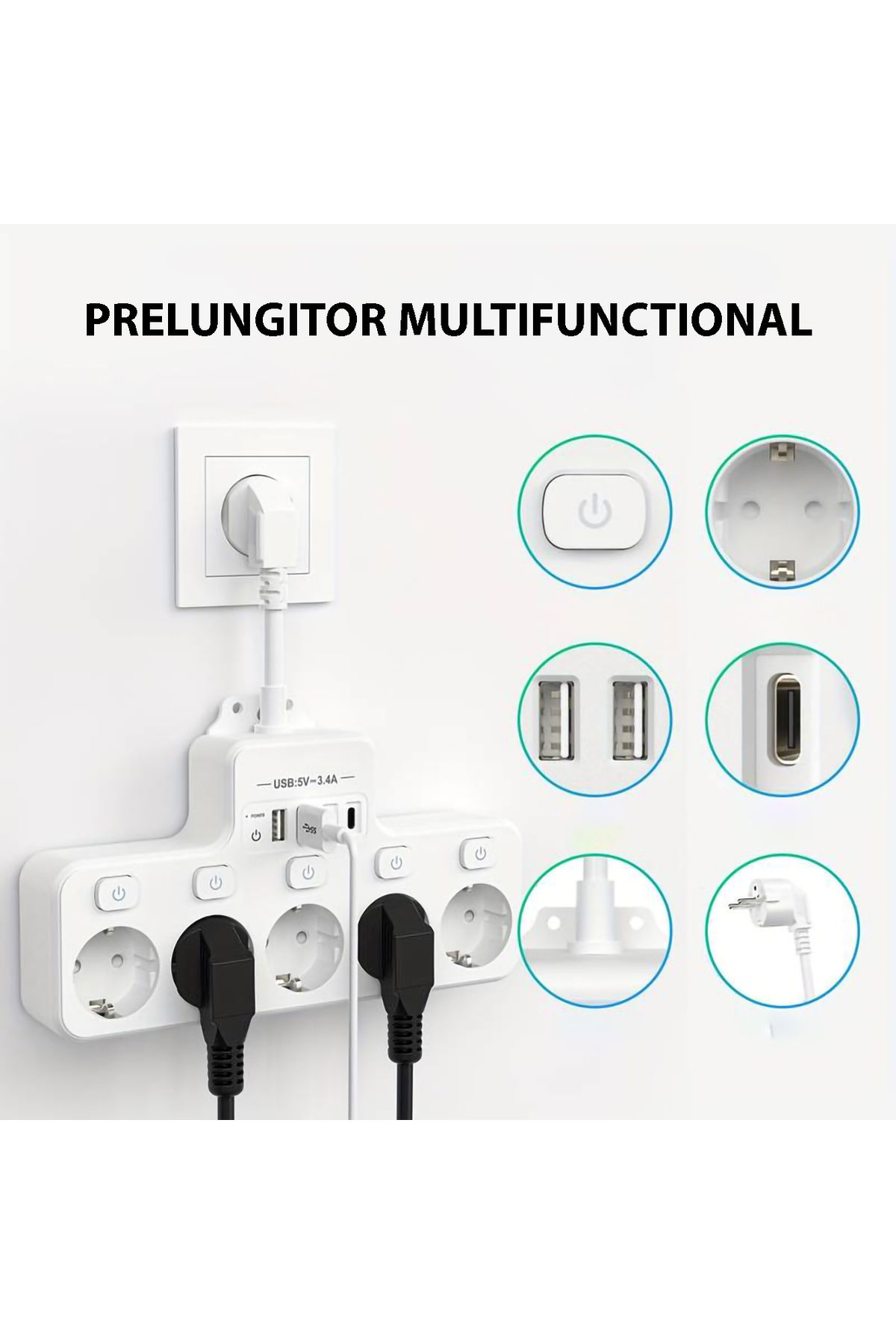 miraza-Multifunctional Socket, 5 X 4000w Sockets, 2 X Usb-c Pd, 2 X Usb, Individual Switch, Fireproof 2