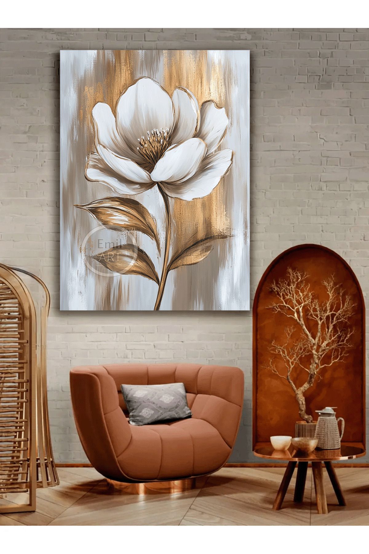 EMİLART Altın Dokunuşlu Zarafet Modern Çiçek Soyut Dekoratif Salon Odası Kanvas Tablo