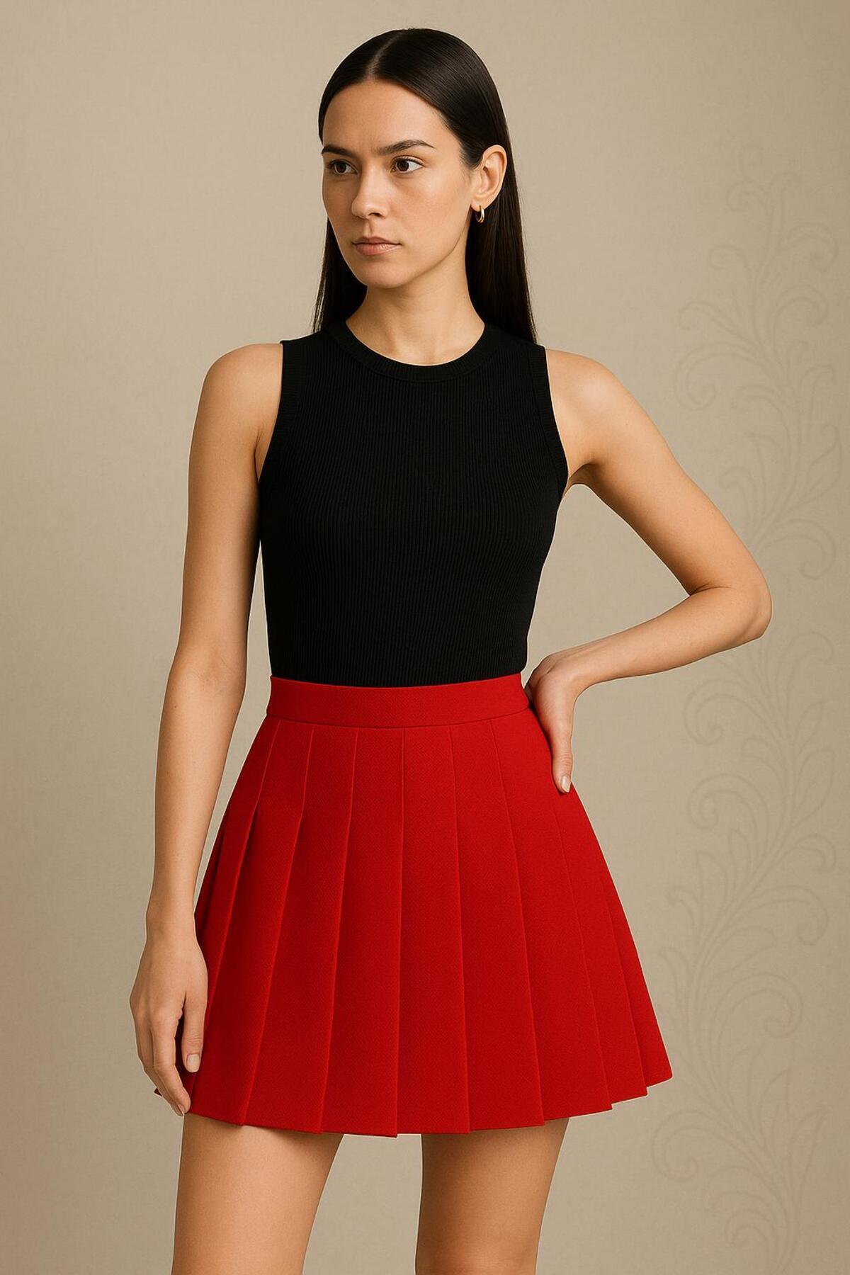 BRAVORİTE  Kırmızı Pileli Etek - Görsel 2