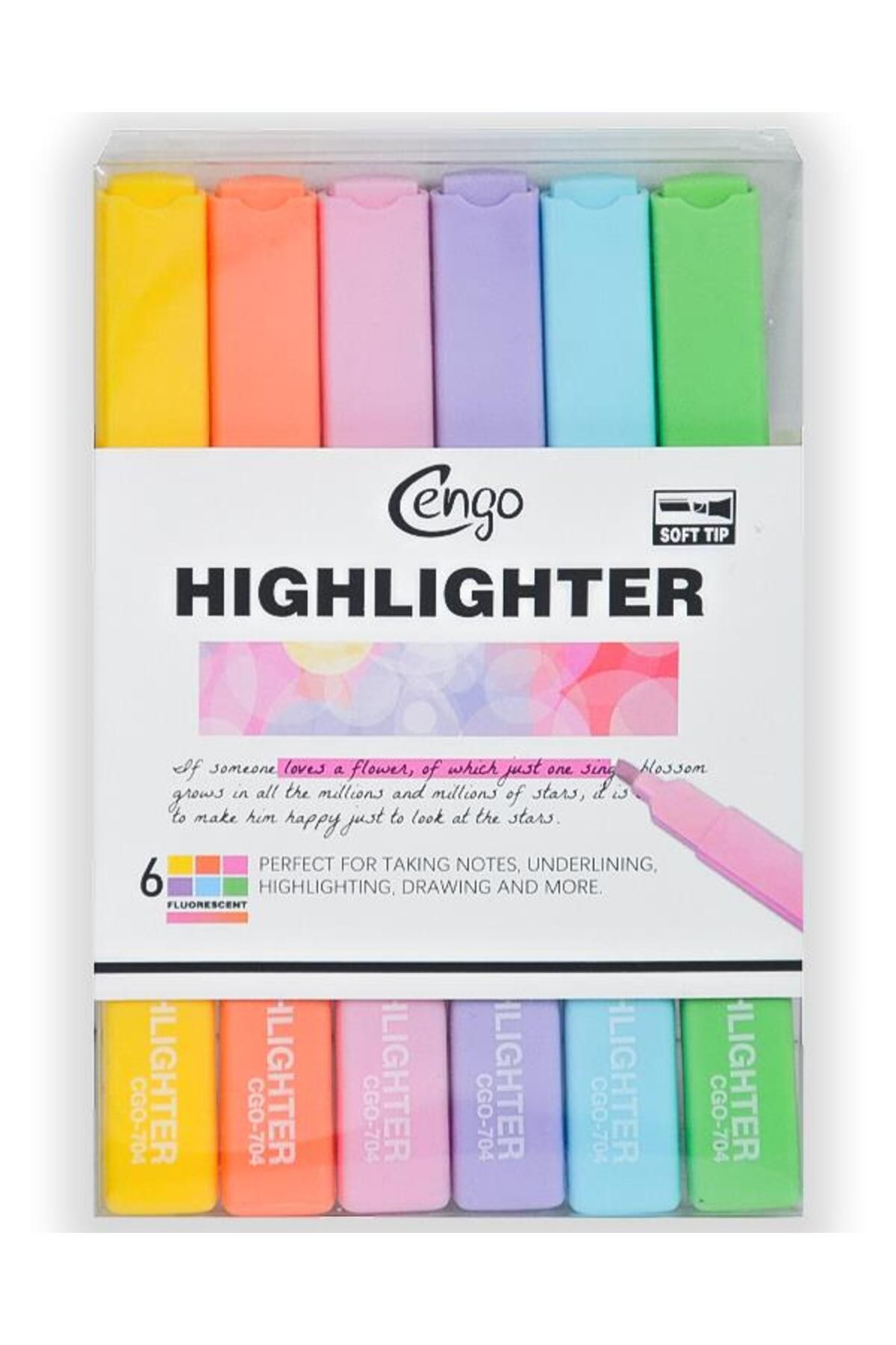 Cengo Kare Tipi Highlighter Fosforlu Kalem Fluorescent Renkler 6lı Set Cgo704
