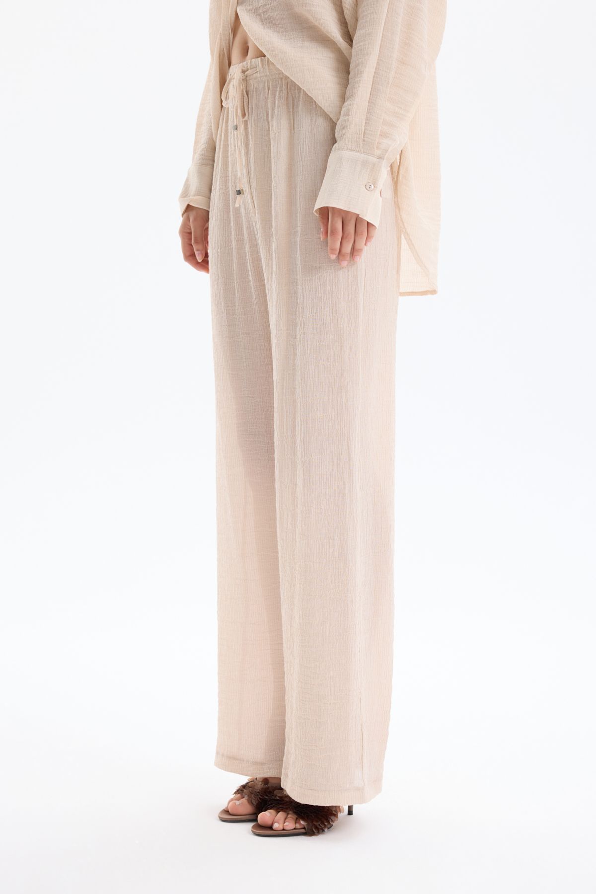Quzu-Elastic Waist Textured Trousers Stone 3