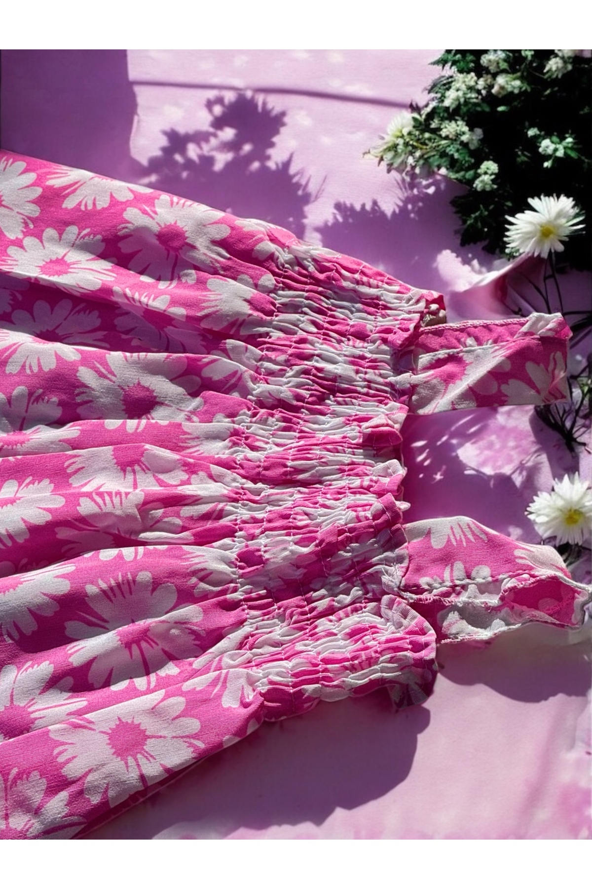 eradstore Yeni Sezon Kız Çocuk Çiçek detaylı Pembe Fırfır yazlık elbise/ Kız bebek elbise fotoğrafı 5 (önizleme)