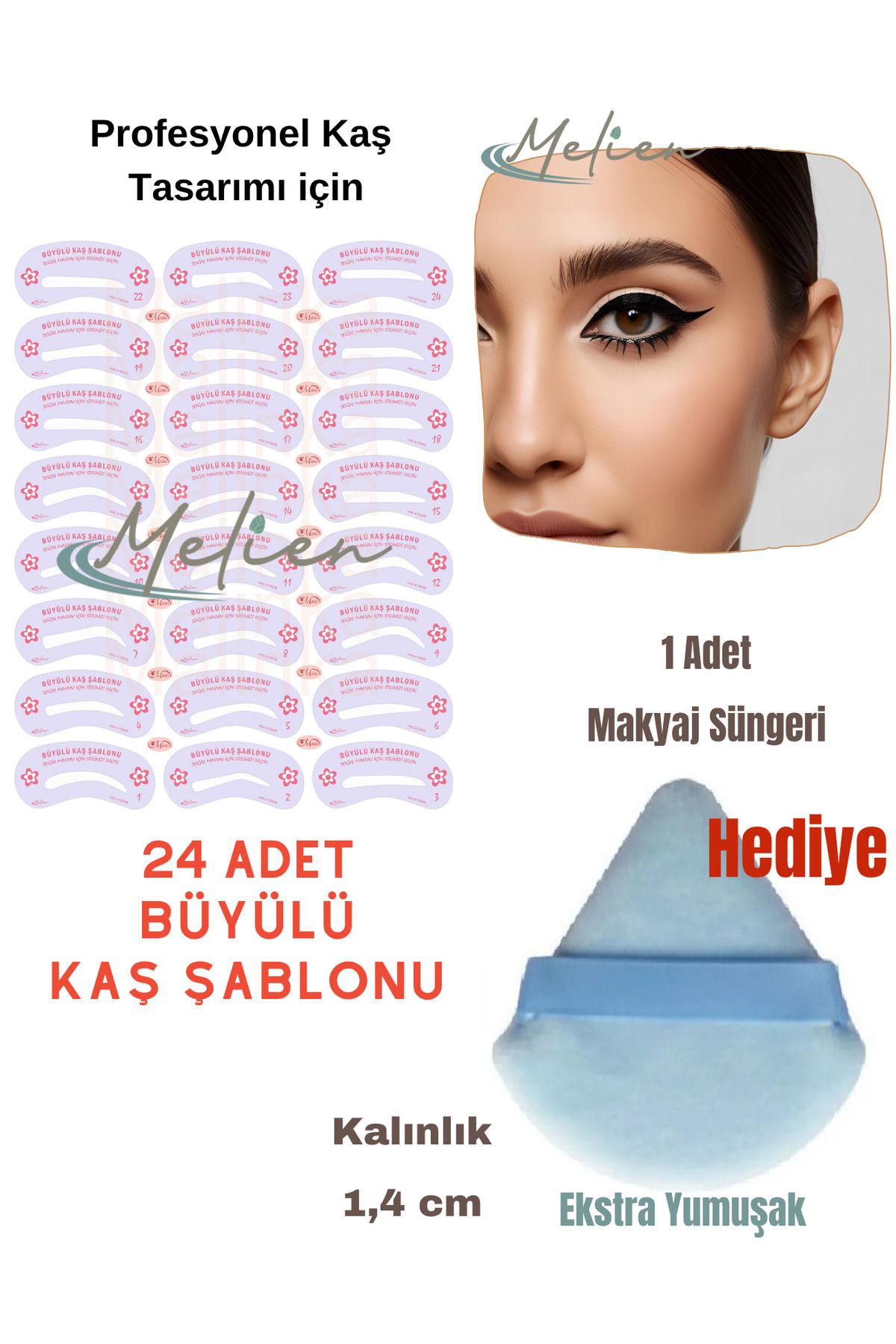 Melien 24 Adet Yeniden Kullanılabilir Kaş Şablonu Şekillendirici Göz Yüz Makyaj Süngeri Seti Kaş Kalıpları