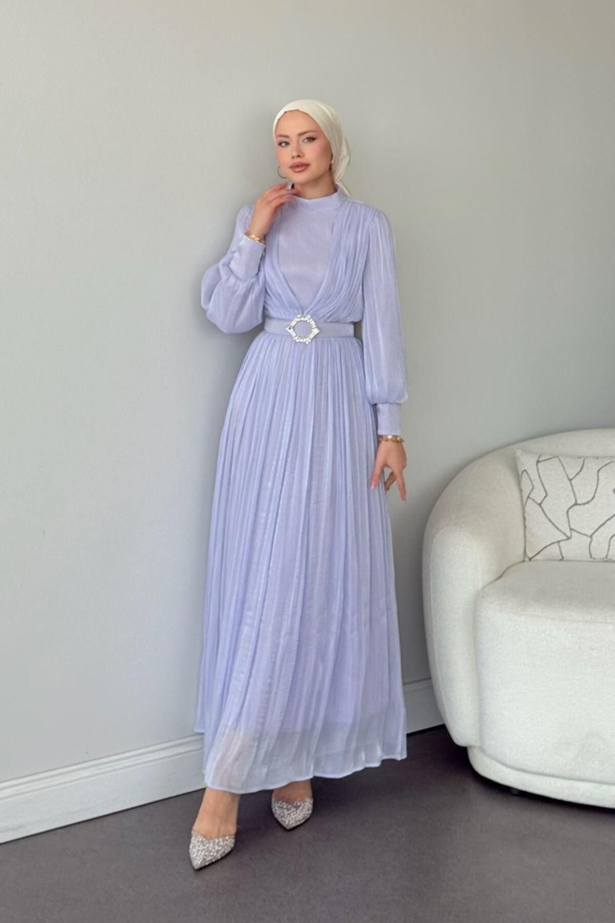 لباس شب پوشیده بنفش زنانه کمربند SEVAL BELI LILA Şule Giyim