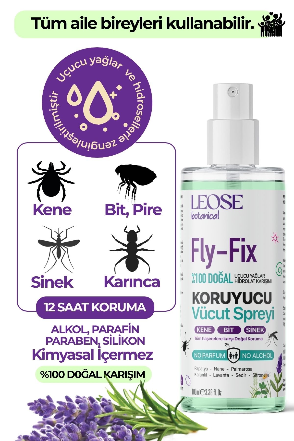 LEOSE BOTANICAL Kene Bit Sinek Ve Mikrop Kovucu Sprey Doğal Uçucu Yağlar Ve Hidrolatlar Karışımı Alkolsüz Parfümsüz