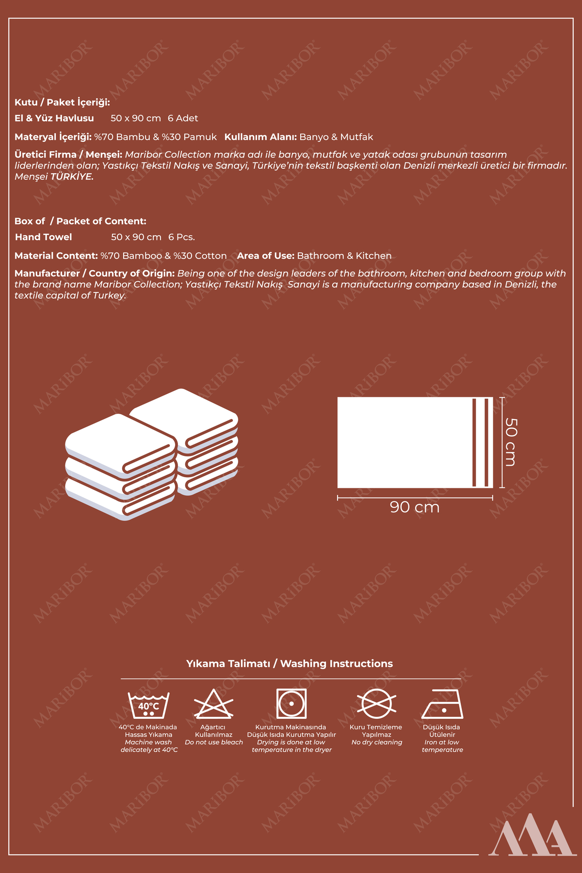AMOR - %70 Bambu / %30 Pamuk Nakışlı El Havlusu - 6'lı Set 50x90