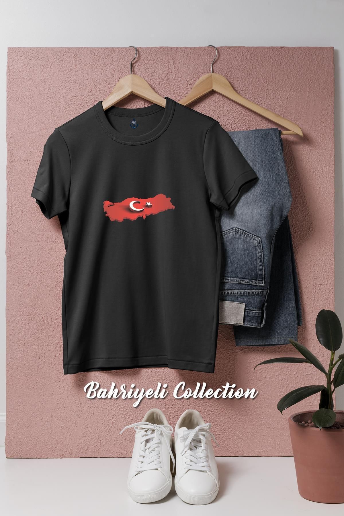 bahriyeli.jpeg Oversize 3 Boyutlu Türkiye Haritası Ve Ayyıldız Tasarımlı Unisex T-Shirt
