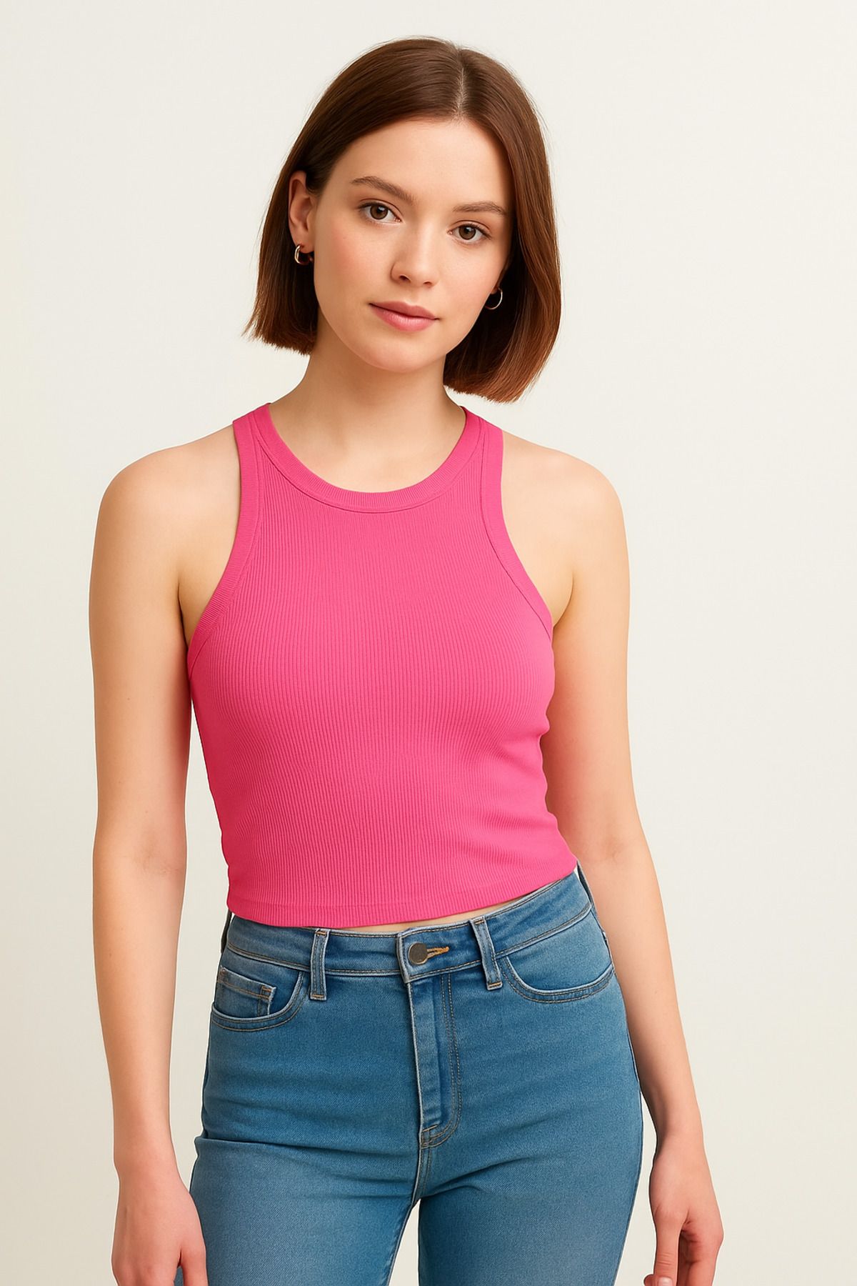 Salvi Kadın Pembe Fitilli T-shirt Halter Yaka Örme Atlet