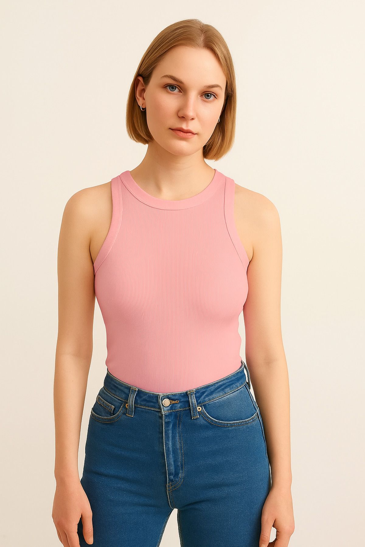 Salvi Kadın Toz Pembe Fitilli T-shirt Halter Yaka Örme Atlet