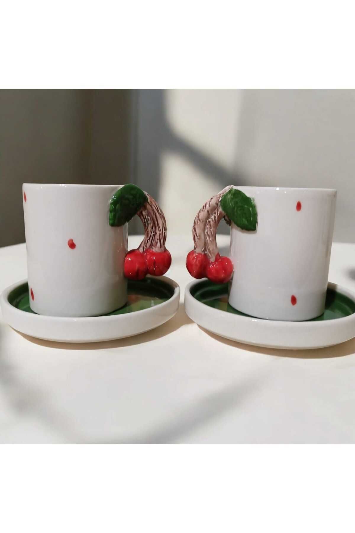 Dİ TAZZA EL YAPIMI2 KİŞİLİK 4 PARÇALI KİRAZ KULPLU KAHVE FİNCAN TAKIMI 110 ML.