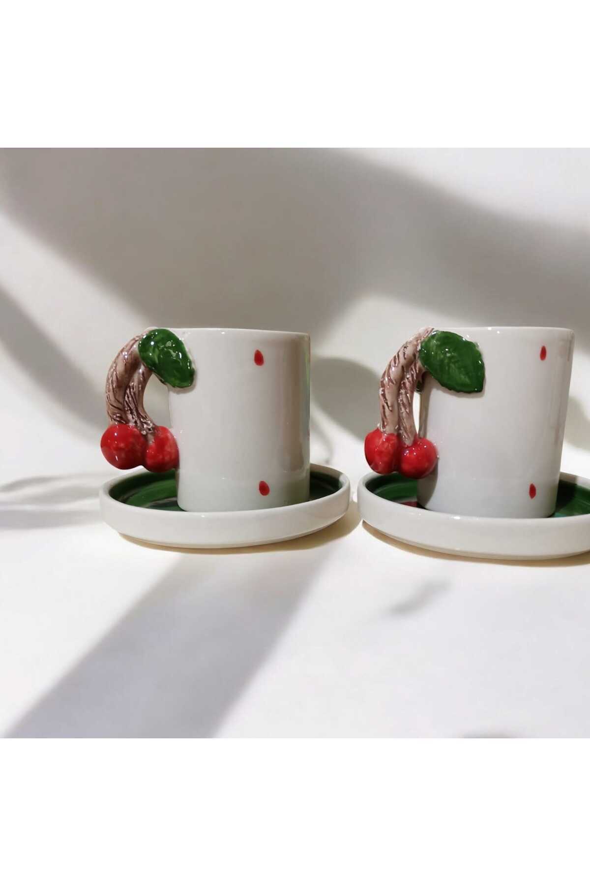 Dİ TAZZA-طقم فناجين قهوة مصنوع يدويًا مكون من 4 قطع بمقبض كرز 110 مل. 2
