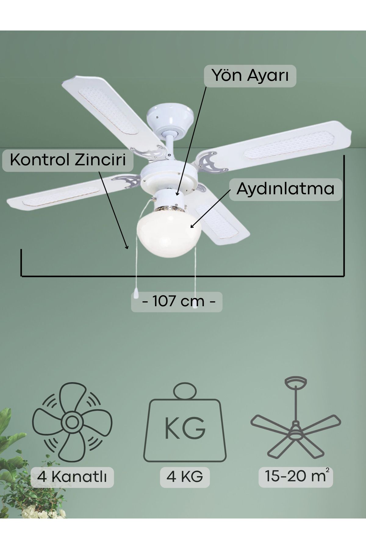 GOOD HOME Aydınlatmalı Tavan Vantilatörü 107 Cm Beyaz Kanat