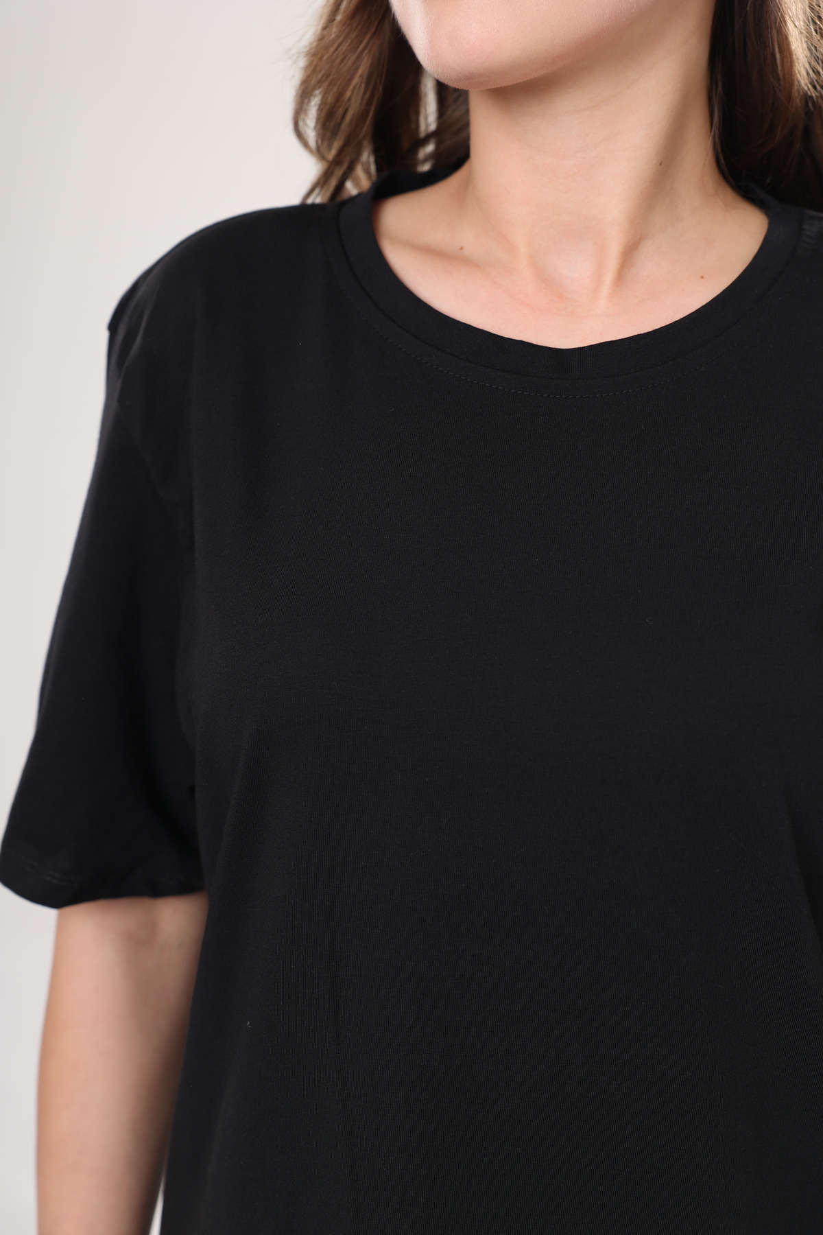 Tight Lady  Süper Kalite Kadın %100 Pamuk Siyah Bisiklet Yaka Oversize Boyfriend T-shirt - Görsel 8