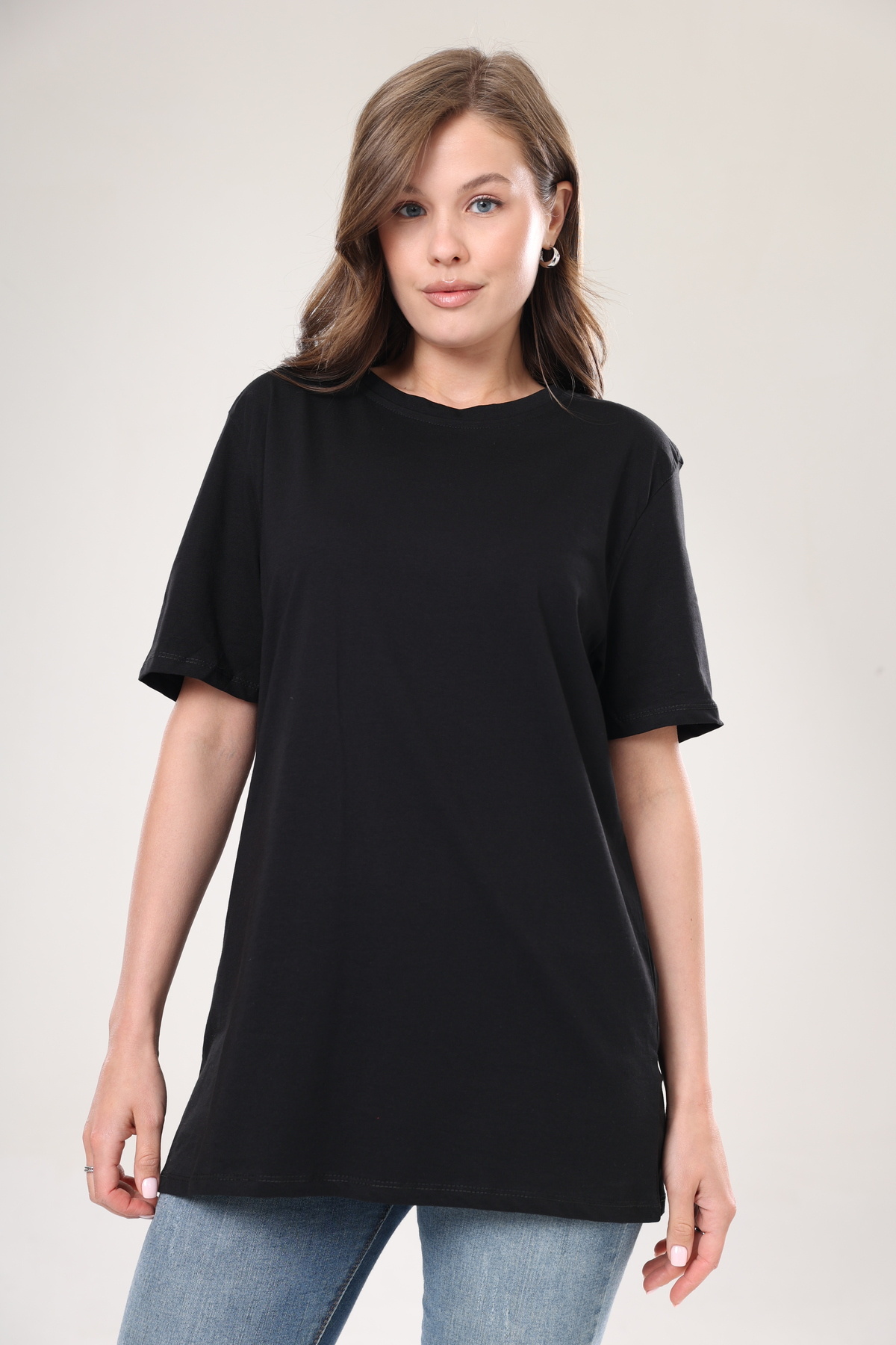 Tight Lady  Süper Kalite Kadın %100 Pamuk Siyah Bisiklet Yaka Oversize Boyfriend T-shirt - Görsel 3