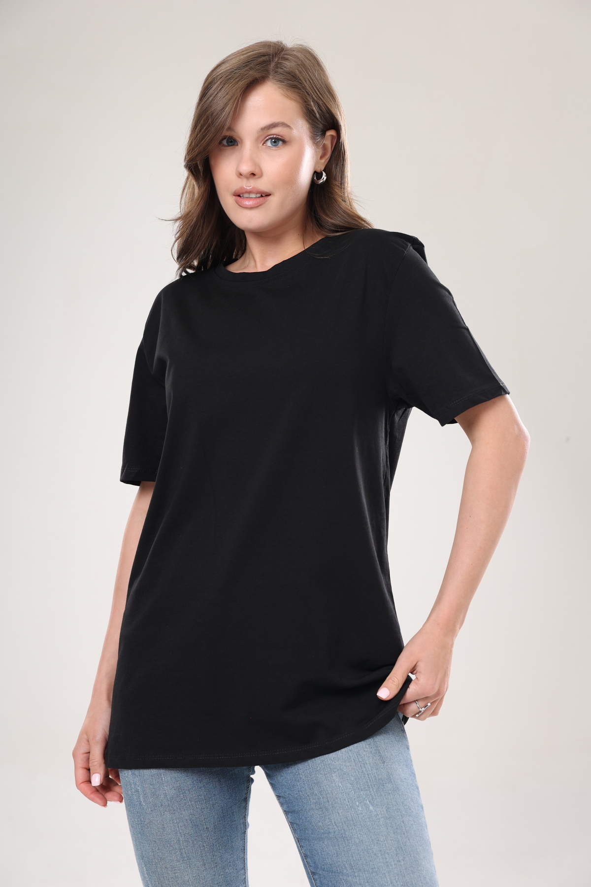 Tight Lady  Süper Kalite Kadın %100 Pamuk Siyah Bisiklet Yaka Oversize Boyfriend T-shirt - Görsel 7