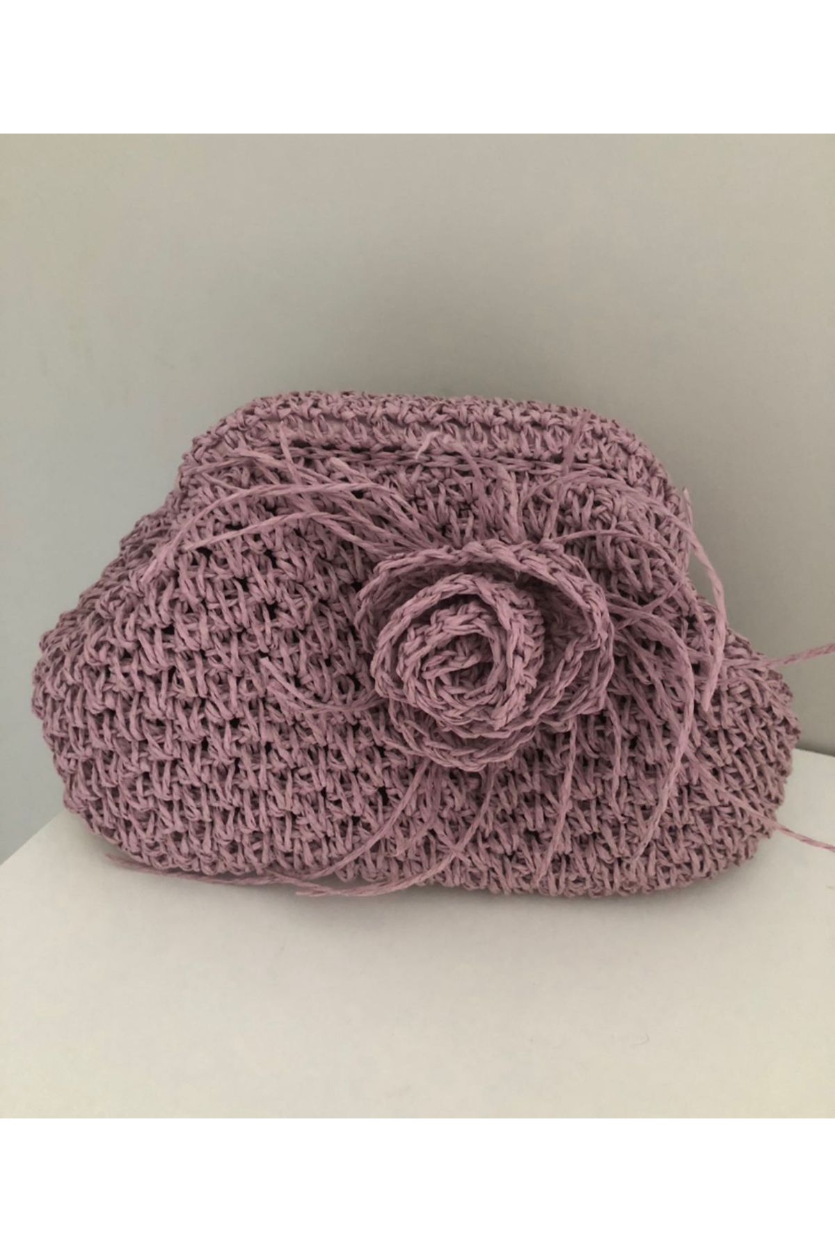 PeriStore Lila Gül Hasır Portföy Çanta 28x20cm El Örmesi Astarlı