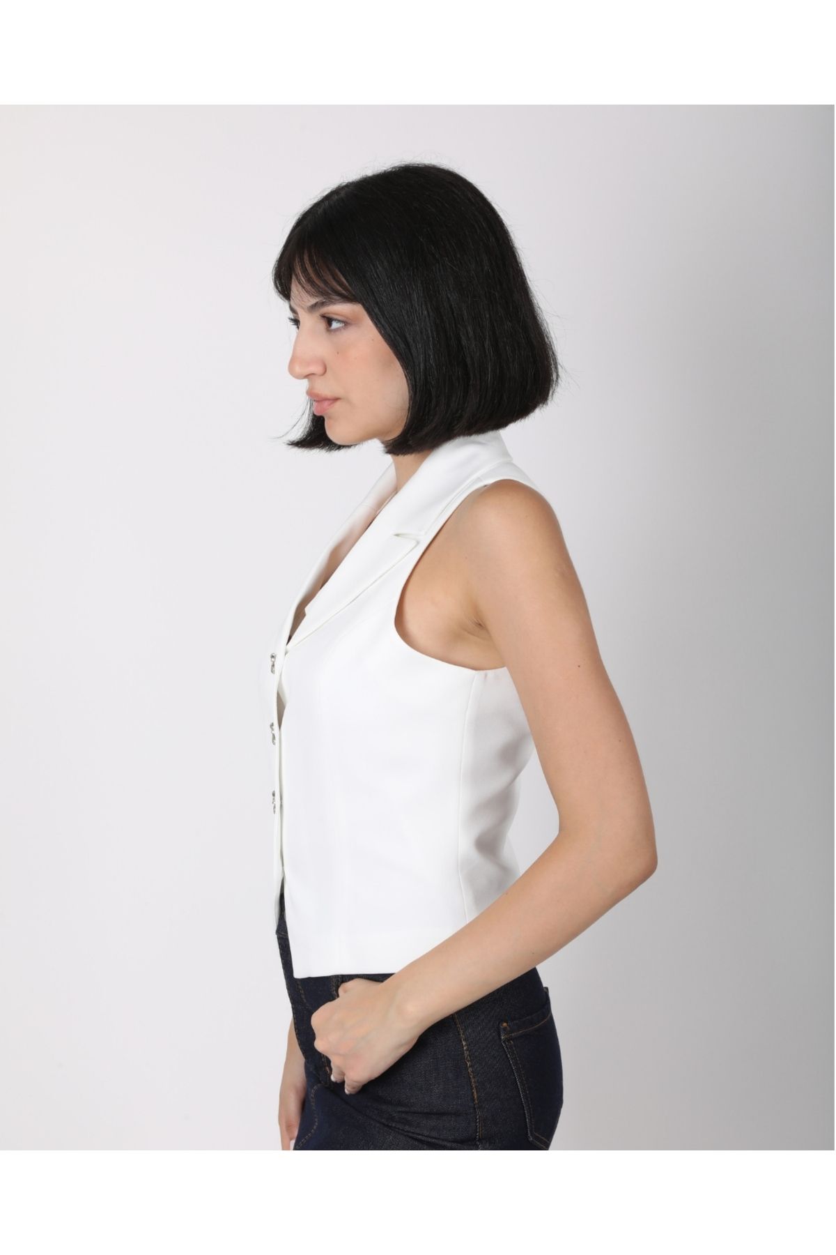DEQ FASHION-Women's White Bow Buttoned Blazer Vest 6