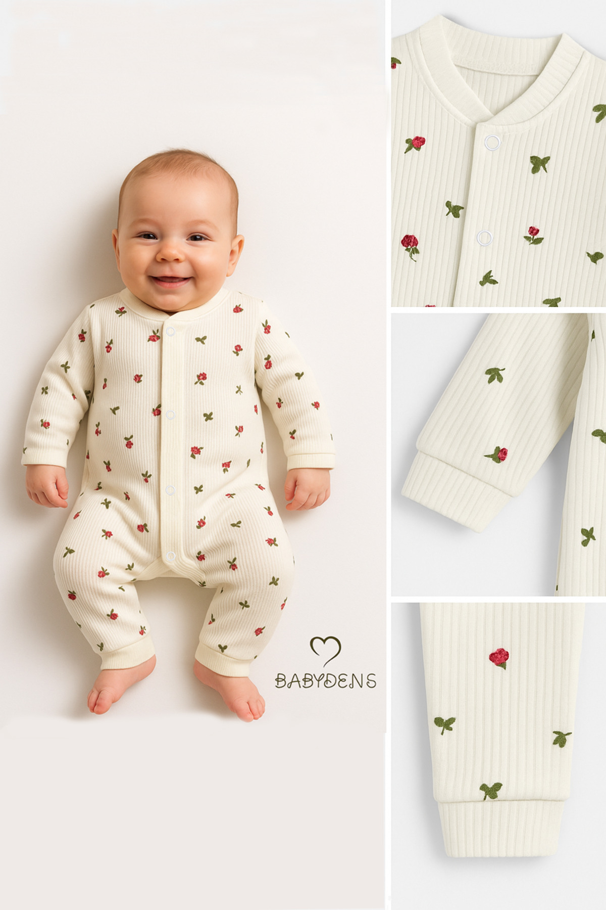 BABYDEN'S Çiçek Desenli Pamuklu Fitilli Ribana Çıtçıtlı Bebek Tulum Manşetli Paça Kız Bebek Yenidoğan Tulum fotoğrafı 3 (önizleme)