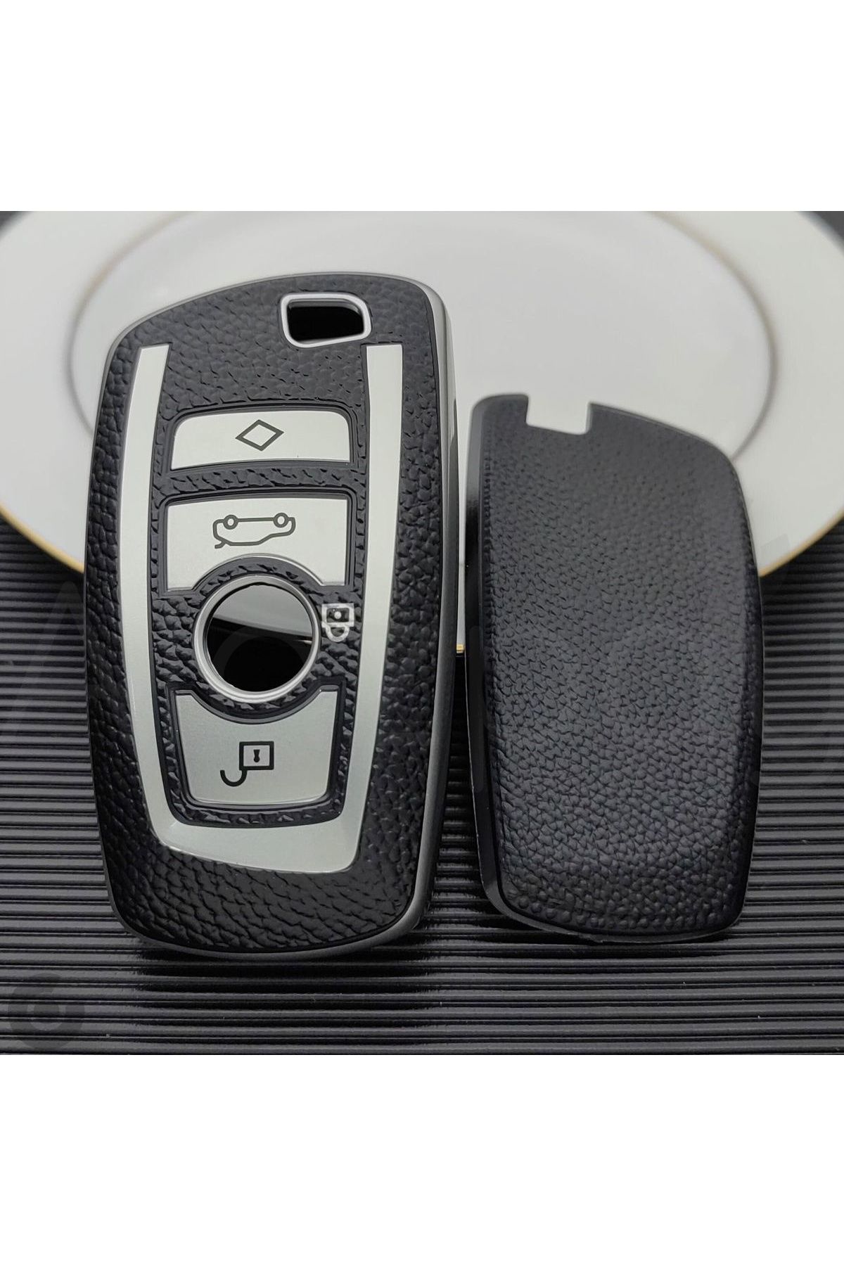 Alazpay BMW 1 3 5 7 Serisi F30 F25 F20 F18 F16 F15 F10 & X1 X3 X4 X5 Deri Görünüm TPU Anahtar Kılıfı (Gümüş)