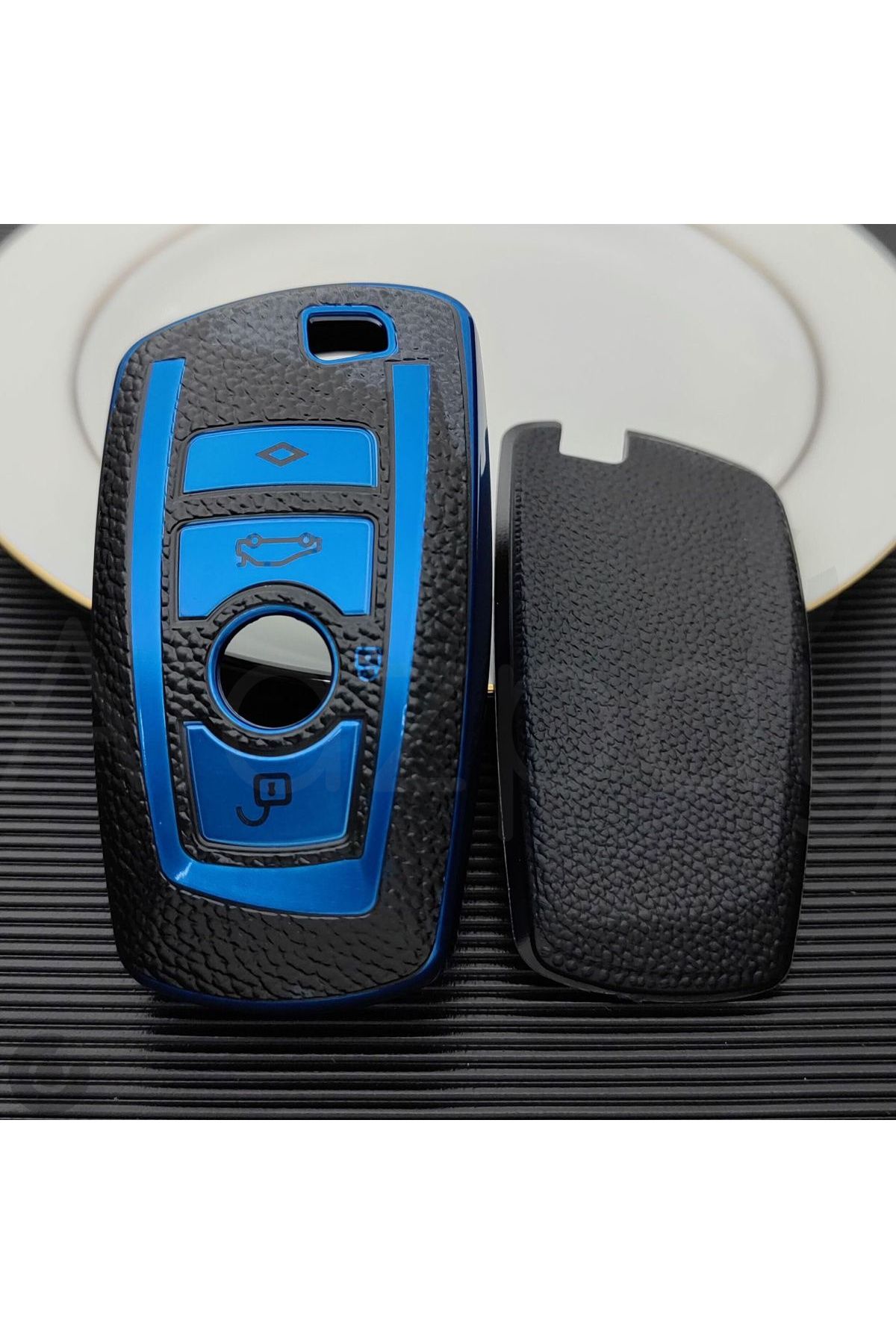 Alazpay BMW 1 3 5 7 Serisi F30 F25 F20 F18 F16 F15 F10 & X1 X3 X4 X5 Deri Görünüm TPU Anahtar Kılıfı (Mavi)