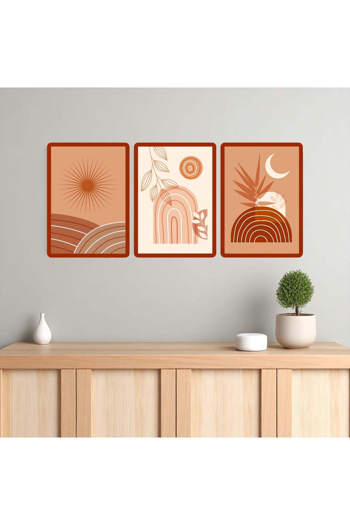 Gorgon Art Home 3'lü Bohem Tablo Minimal Toprak Tonlarda Mdf Çerçeve görünümlü tablo