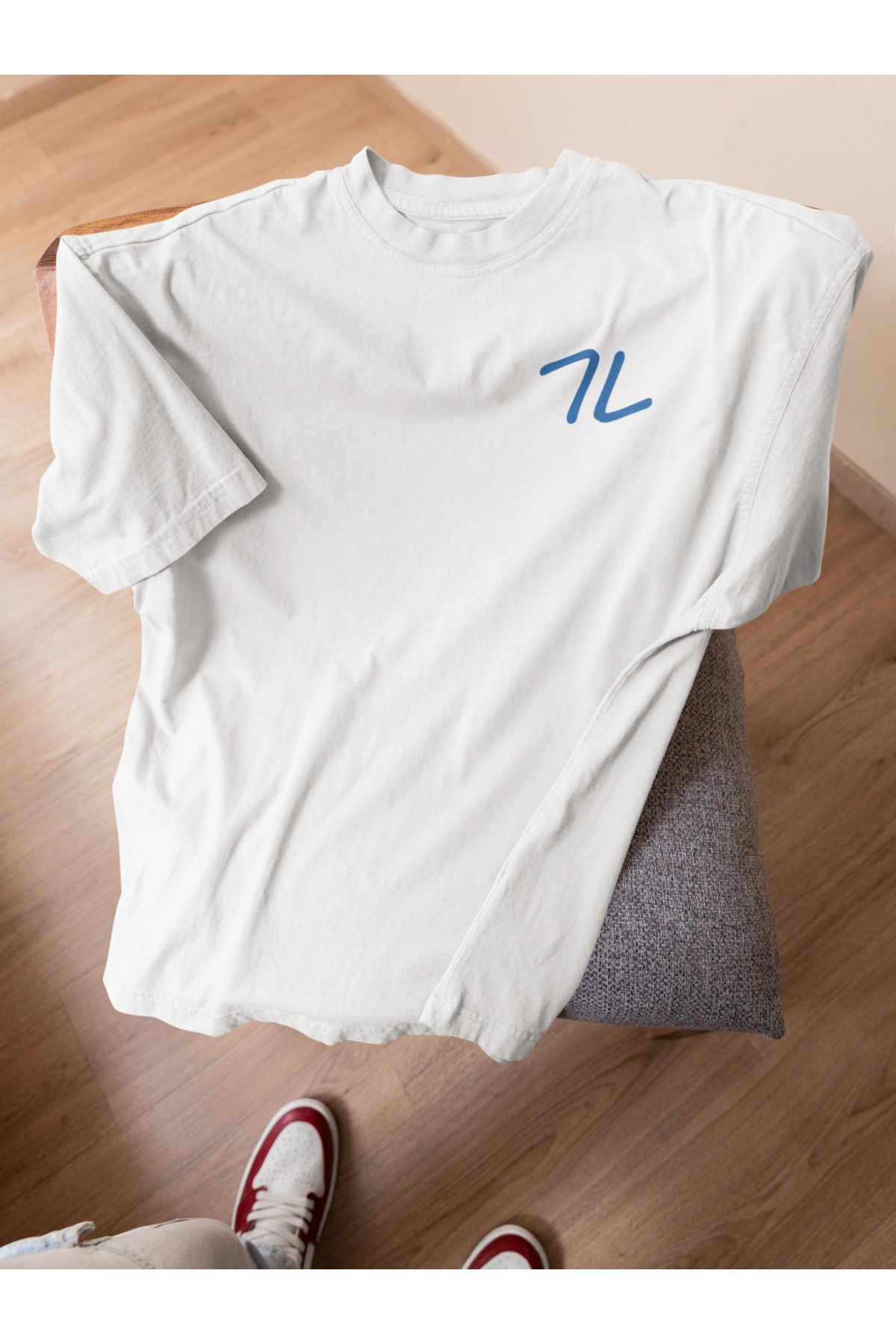Lyonis Unisex Oversize Beyaz Mavi Lyonis Baskılı Bisiklet Yaka Penye T-Shirt