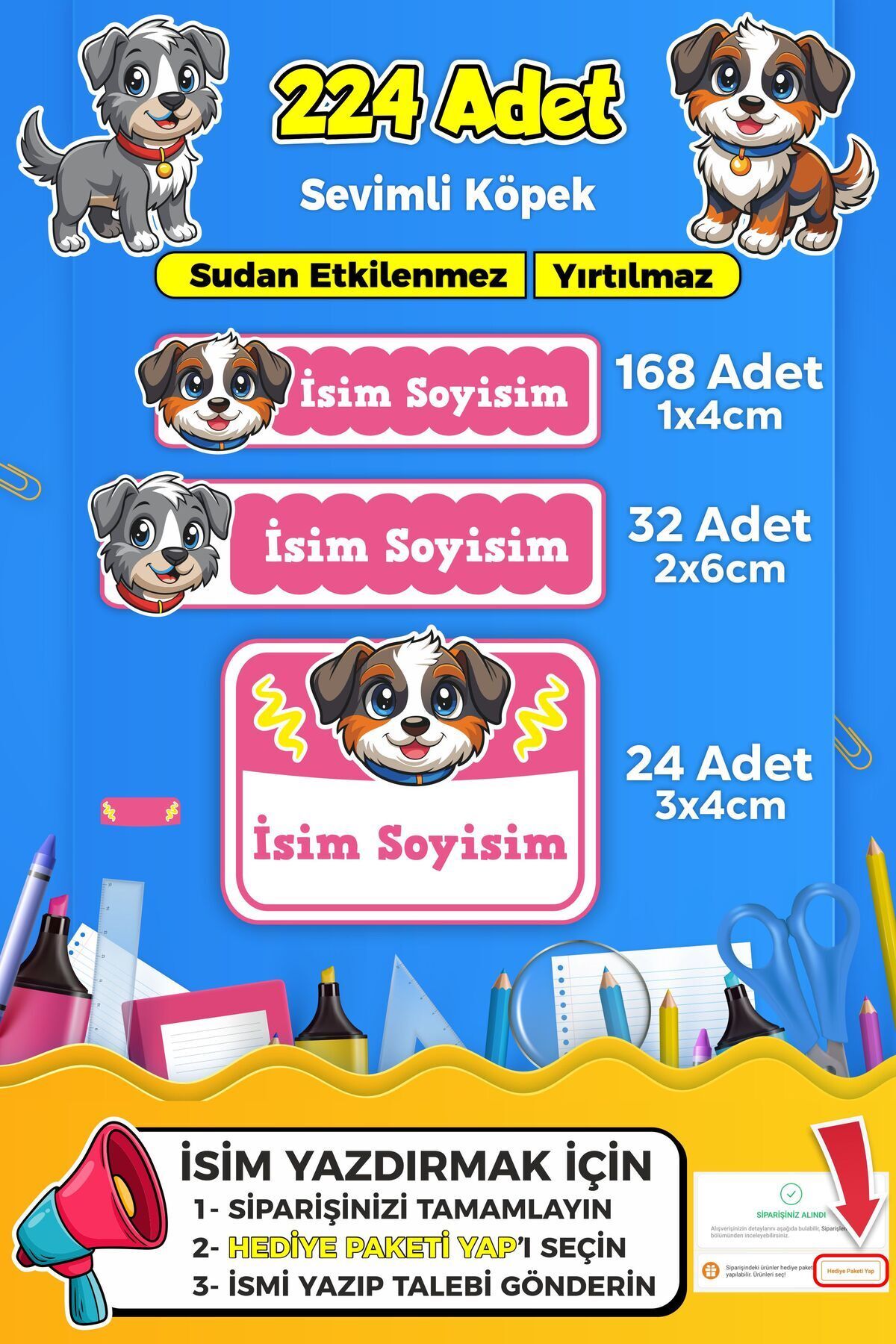 SB store Sevimli Köpek Temalı Okul Kreş Kişiye Özel isim Etiket Seti - Model 393