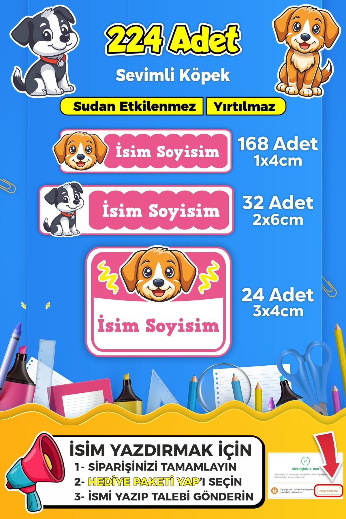 SB store Sevimli Köpek Temalı Okul Kreş Kişiye Özel isim Etiket Seti - Model 397