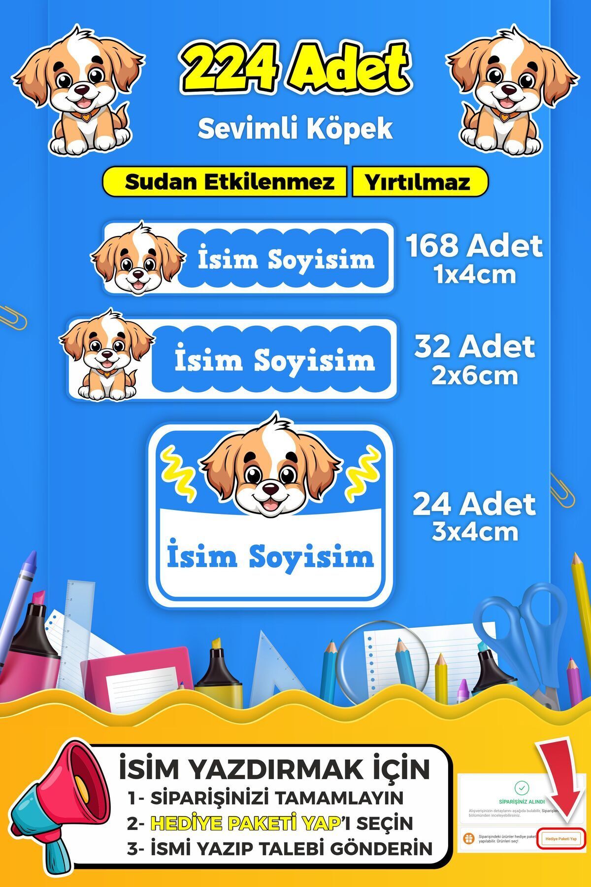 SB store Sevimli Köpek Temalı Okul Kreş Kişiye Özel isim Etiket Seti - Model 390