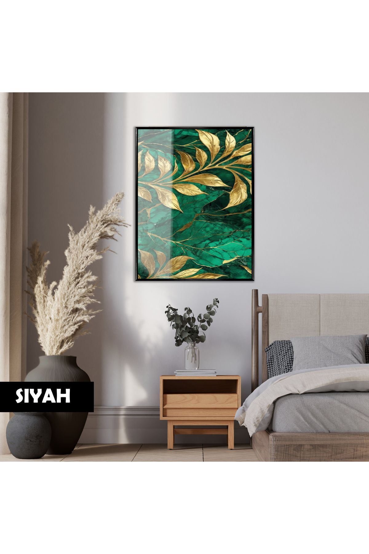 Harikabirev HARİKABİREV|YEŞİL GOLD YAPRAK DESENİ(EMERALD)|ÇERÇEVELİ TEMPERLİ CAM TABLO TEKLİ DİKEY