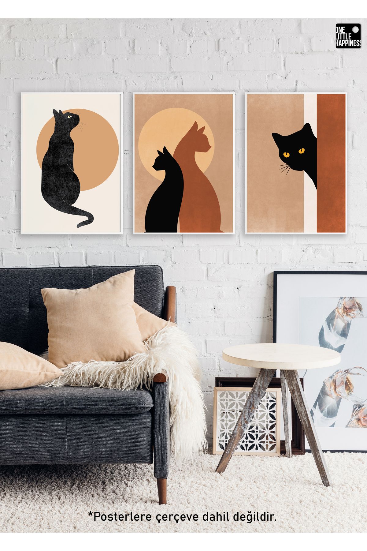 One Little Happiness 3'LÜ BOHO KEDI Poster Seti, Estetik Duvar Posteri Seti, Çerçevesiz Poster