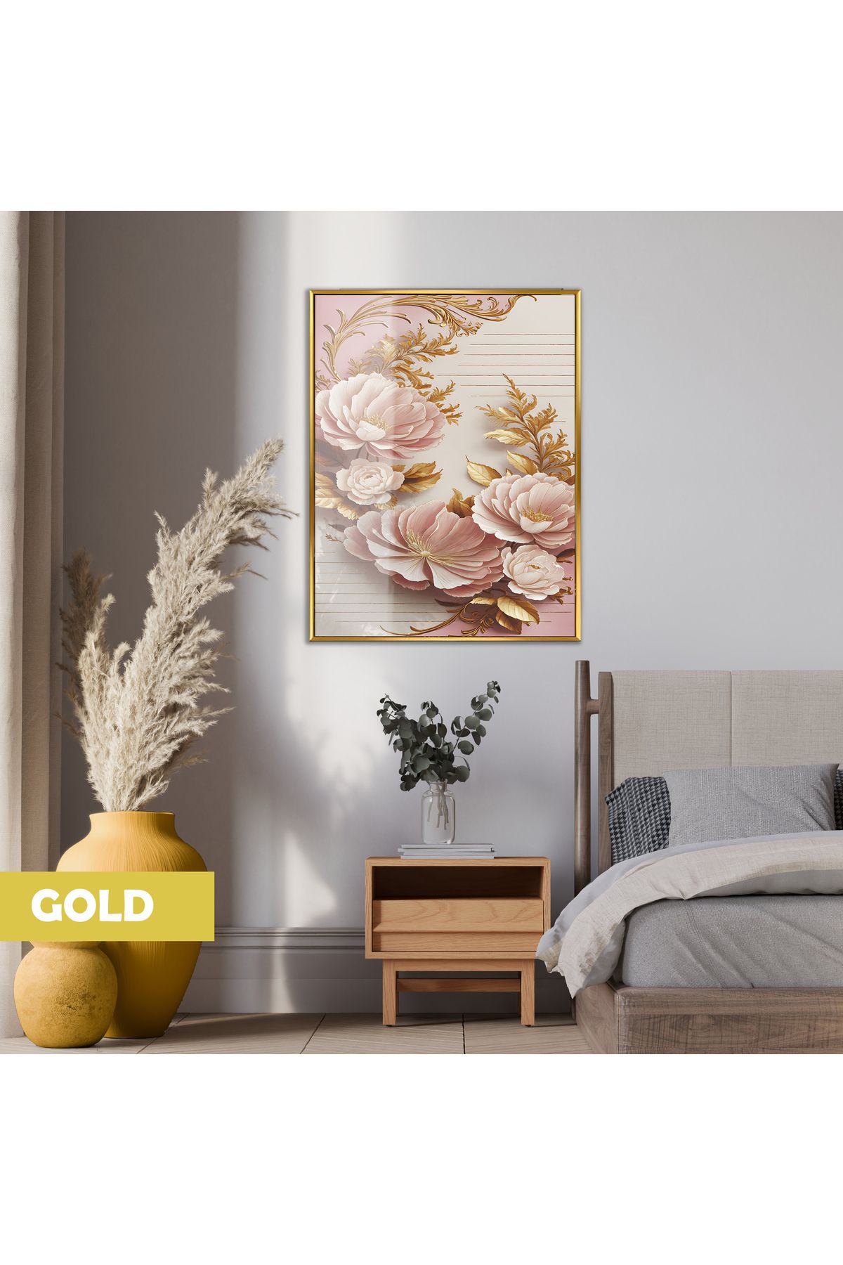 Harikabirev HARİKABİREV|PIN&GOLD ÇİÇEK MODELİ |ÇERÇEVELİ TEMPERLİ CAM TABLO TEKLİ DİKEY
