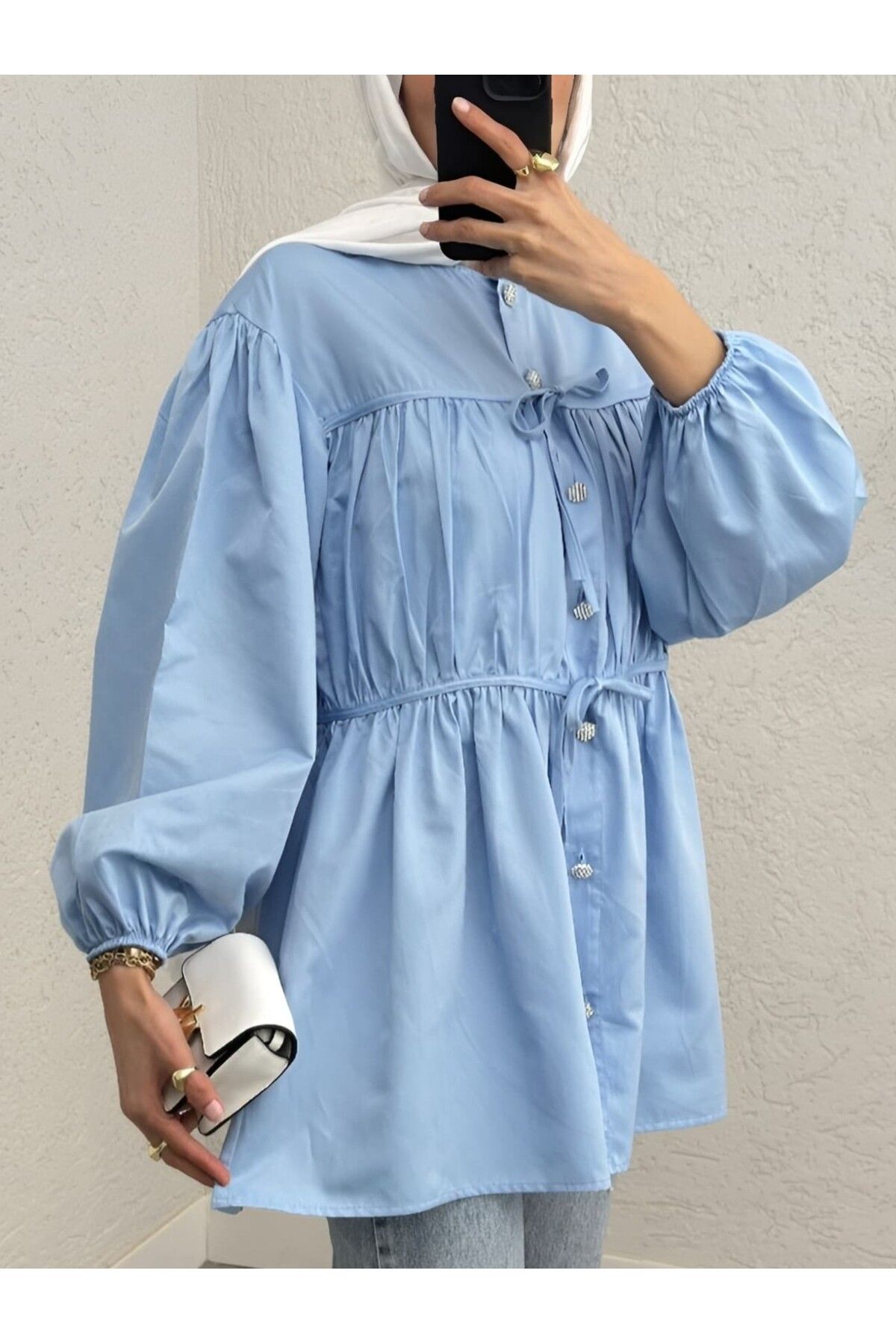mahira collection Taşlı Düğmeli Kolu Lastikli Bağlama Detaylı Gömlek