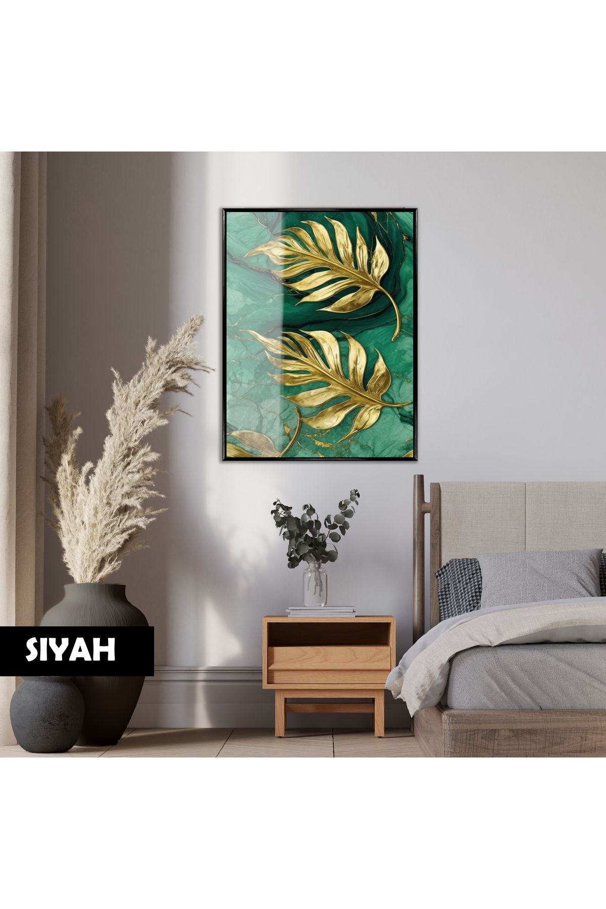 Harikabirev HARİKABİREV|YEŞİL GOLD PALMİYE MODELİ (EMERALD) |ÇERÇEVELİ TEMPERLİ CAM TABLO TEKLİ DİKEY