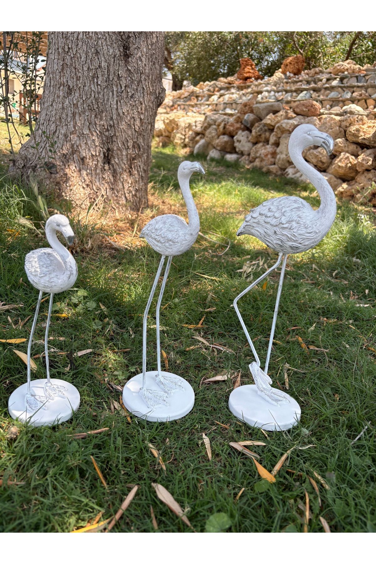cemfa 3 lü flamingo Beyaz Gümüş Bahçe Balkon Vitrin Süsü Hediyelik