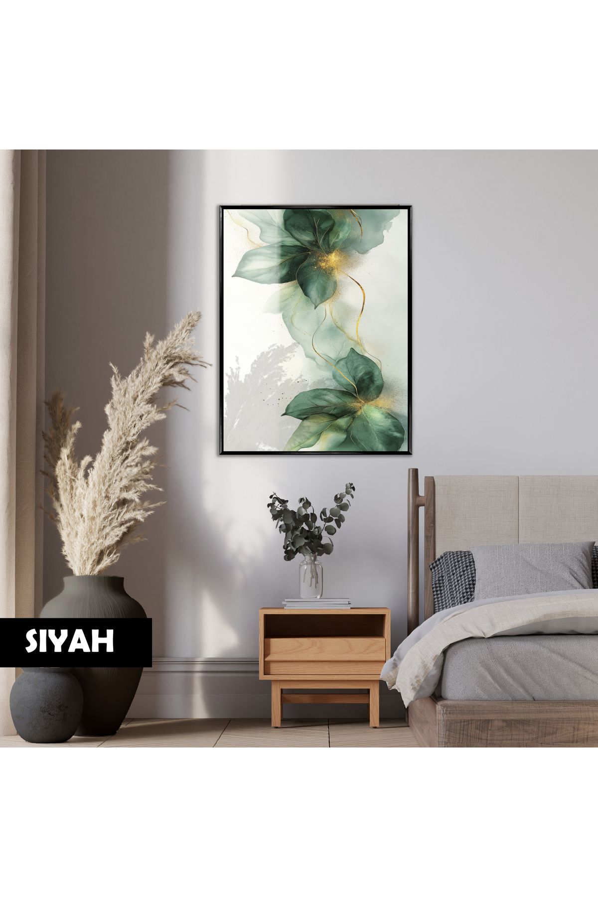 Harikabirev HARİKABİREV|YEŞİL-GOLD FLORAL ÇİÇEK MODELİ |ÇERÇEVELİ CAM |ÇERÇEVELİ TEMPERLİ CAM TABLO TEKLİ DİKEY