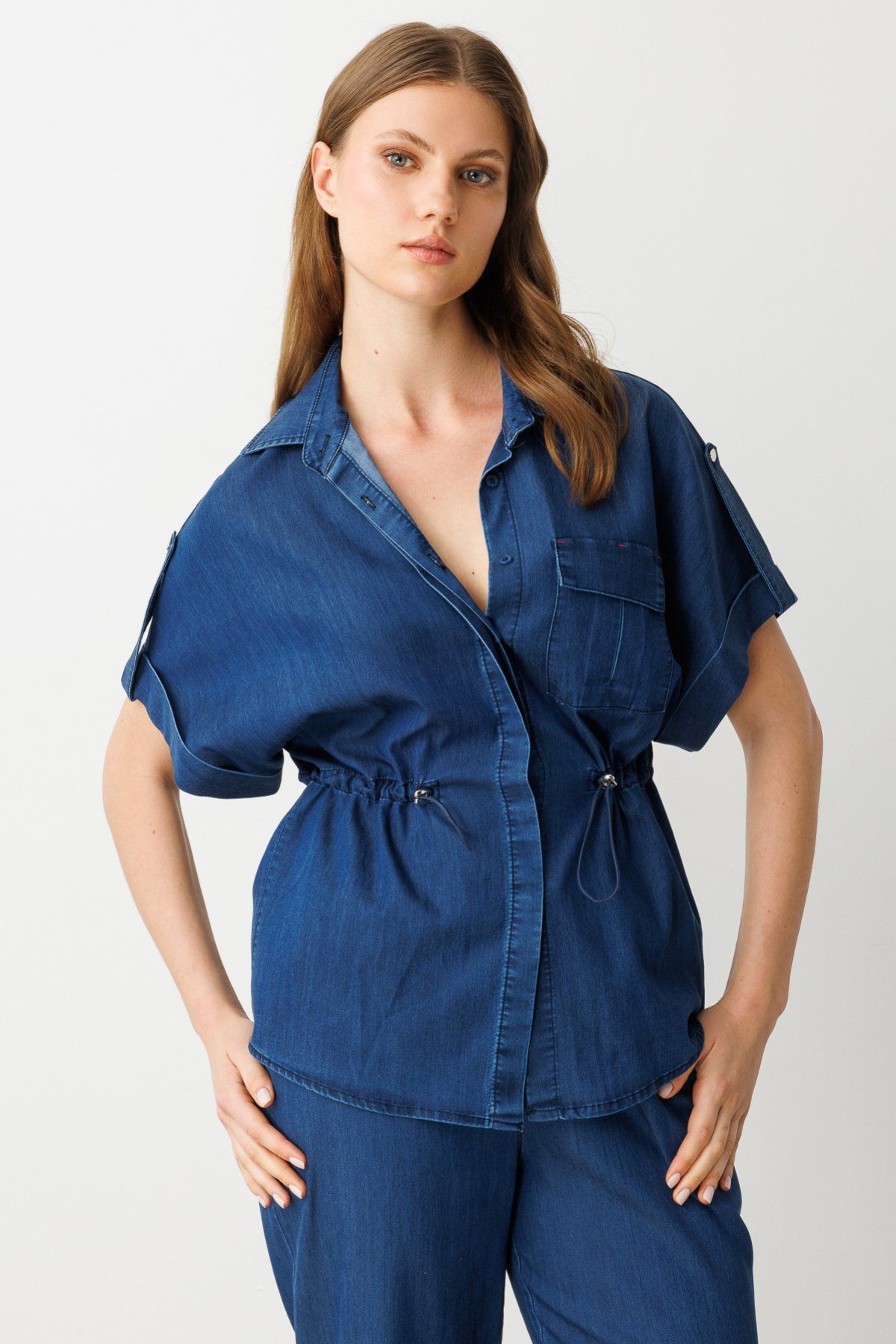 Mi Pret a Porter Mi Beli Büzgülü Yarasa Kol Denim Gömlek