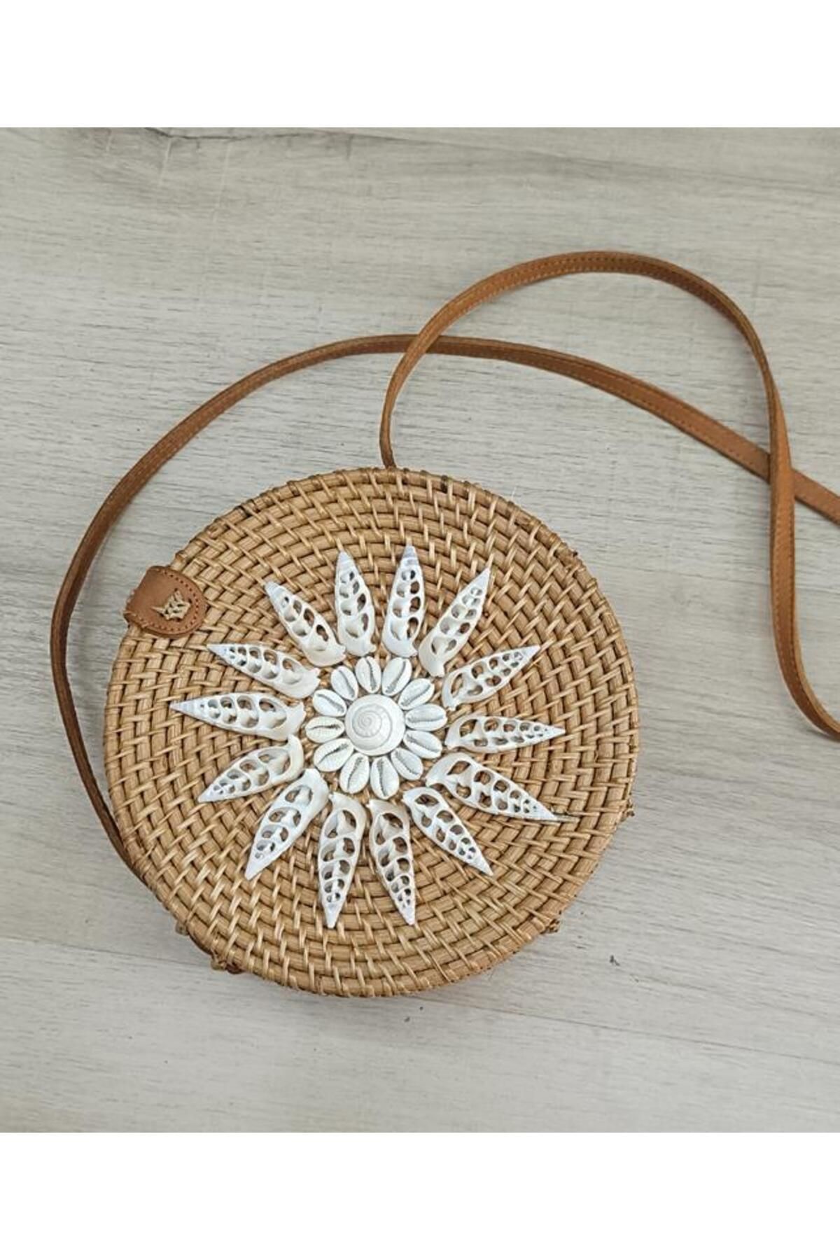 Hd Marketim Çanta Bambu Rattan El Yapımı Deniz Kabuklu Yuvarlak Deri Askı Kadın Hasır Omuz Çantası 17953