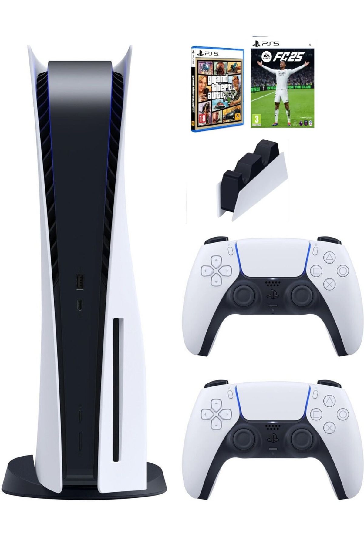 Sony Playstation 5 Standart Cdli + 2. Kol Dualsense + Ps5 FC25 + PS5 GTA V + Şarj istasyonu