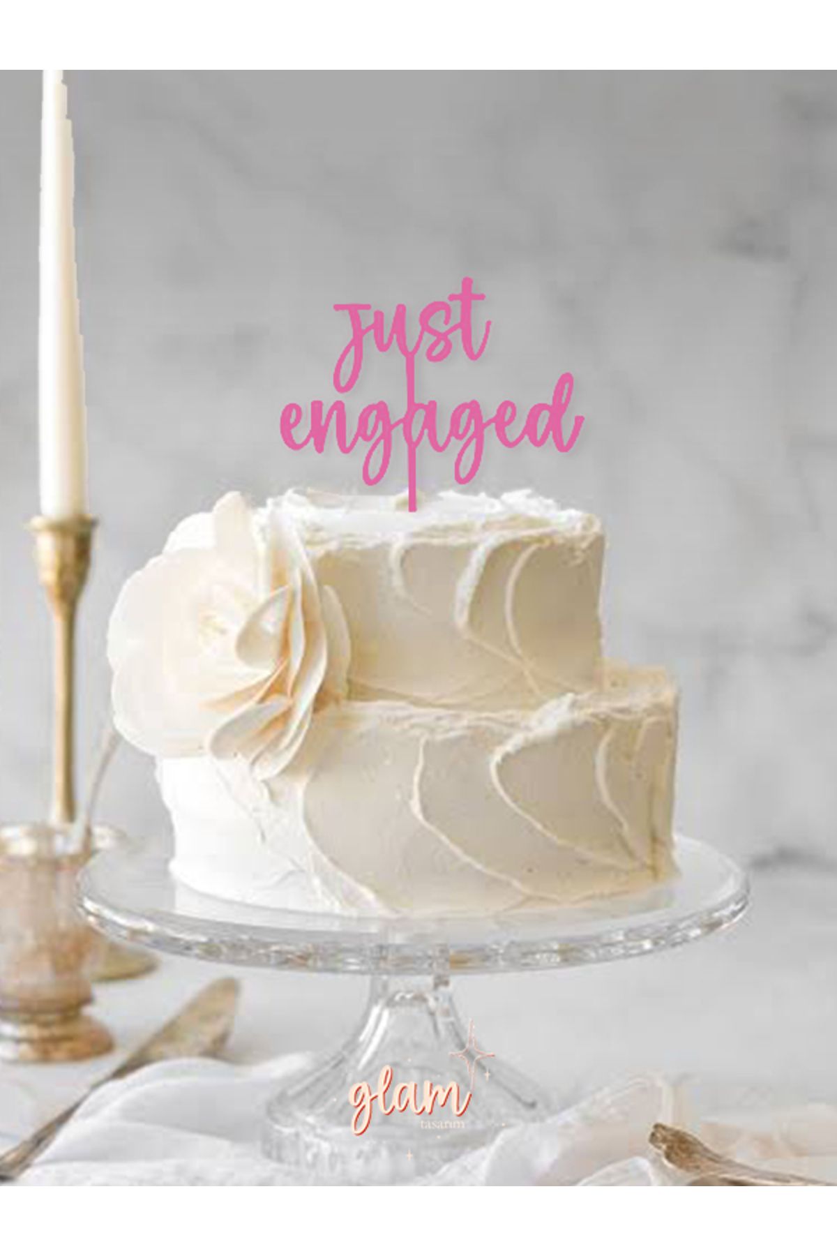 GLAM DEKORASYON Pembe Just Engaged Tekli Büyük Minimal Modern Tarz Söz Nişan Pasta Kürdanı Kek ve Tatlı Süsleri