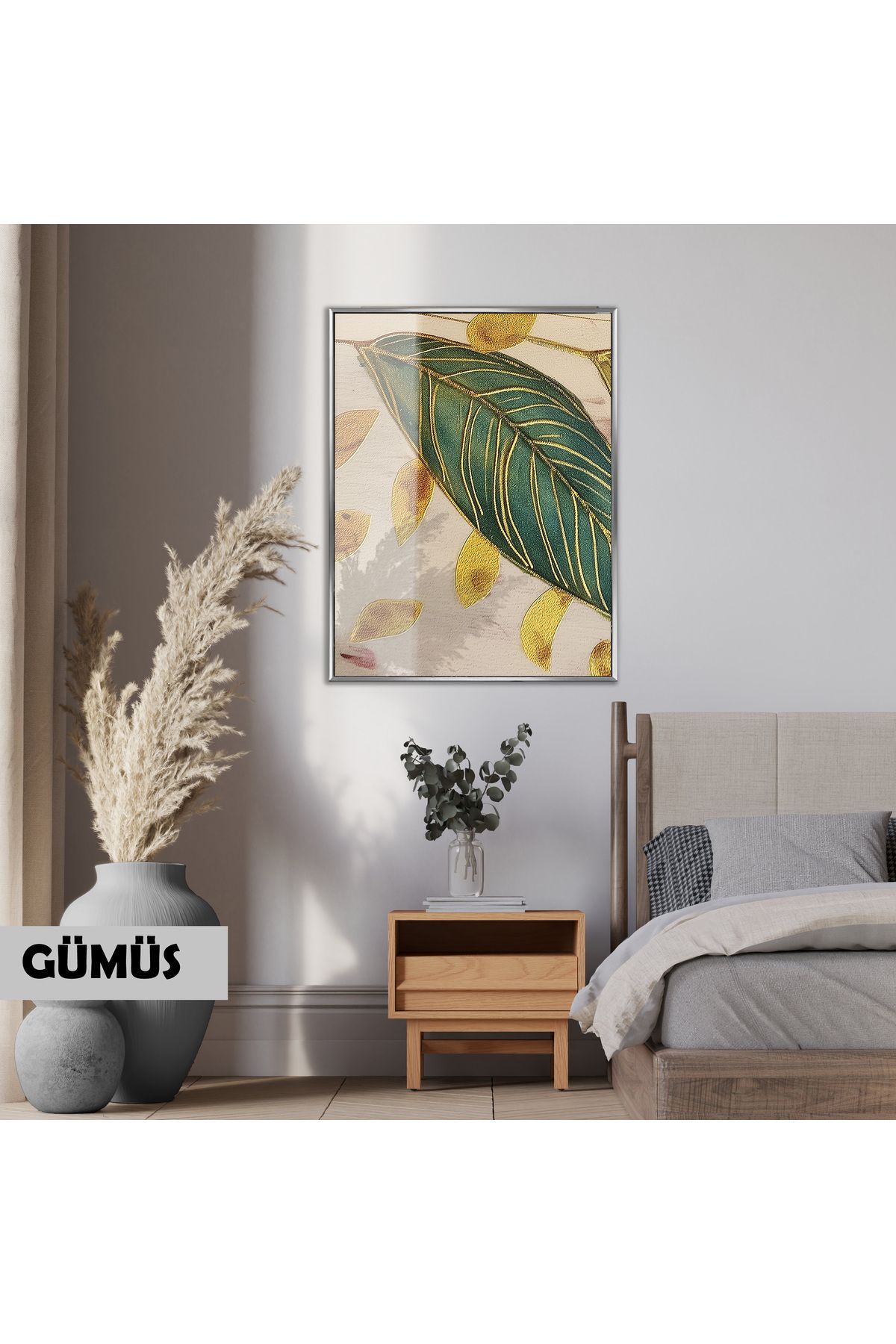 Harikabirev HARİKABİREV|GOLD-YEŞİL YAPRAK MODELİ(PAINTED LEAVES) |ÇERÇEVELİ TEMPERLİ CAM TABLO TEKLİ DİKEY